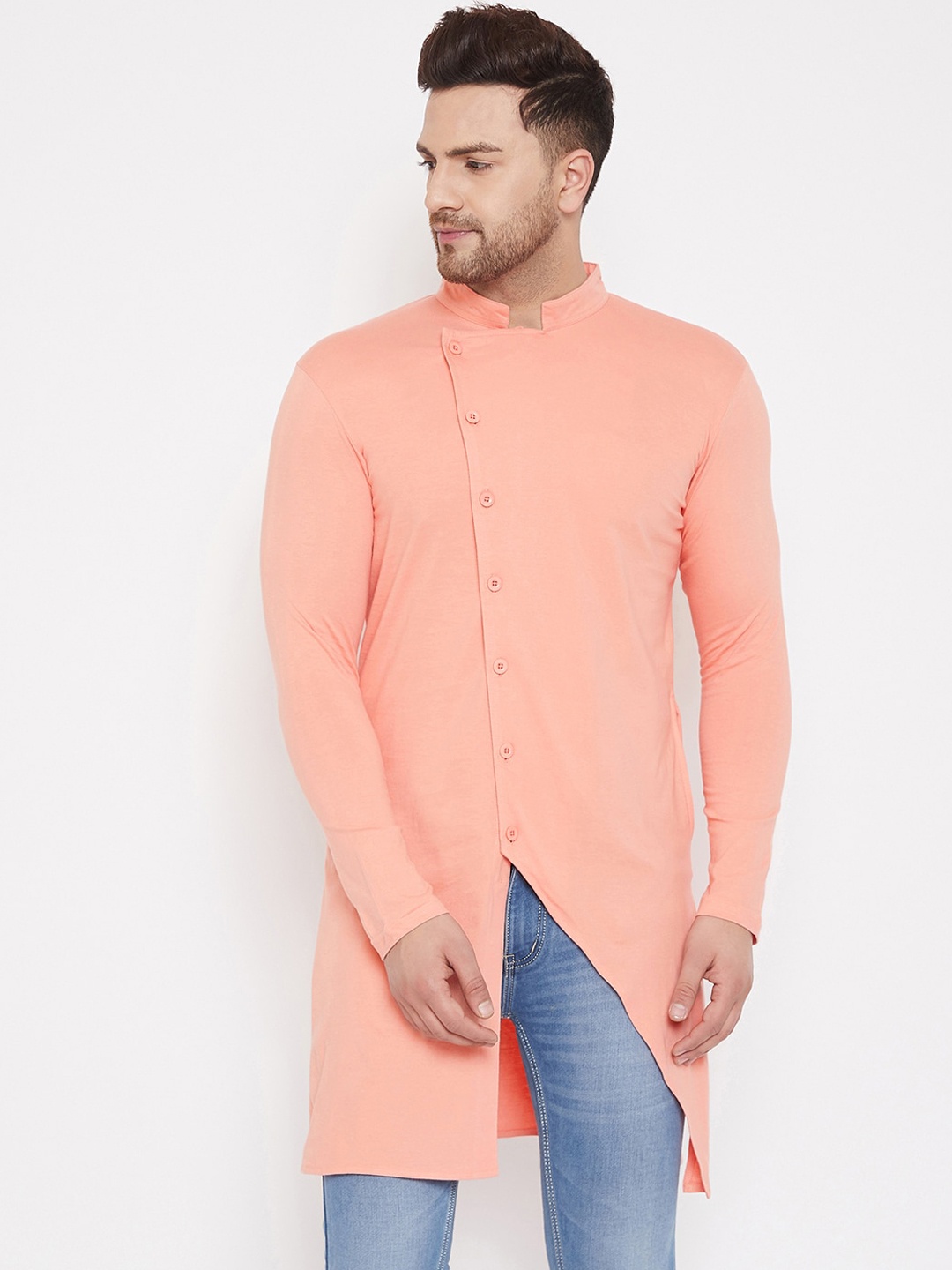

Hypernation Men Peach Solid Straight Angrakha Kurta