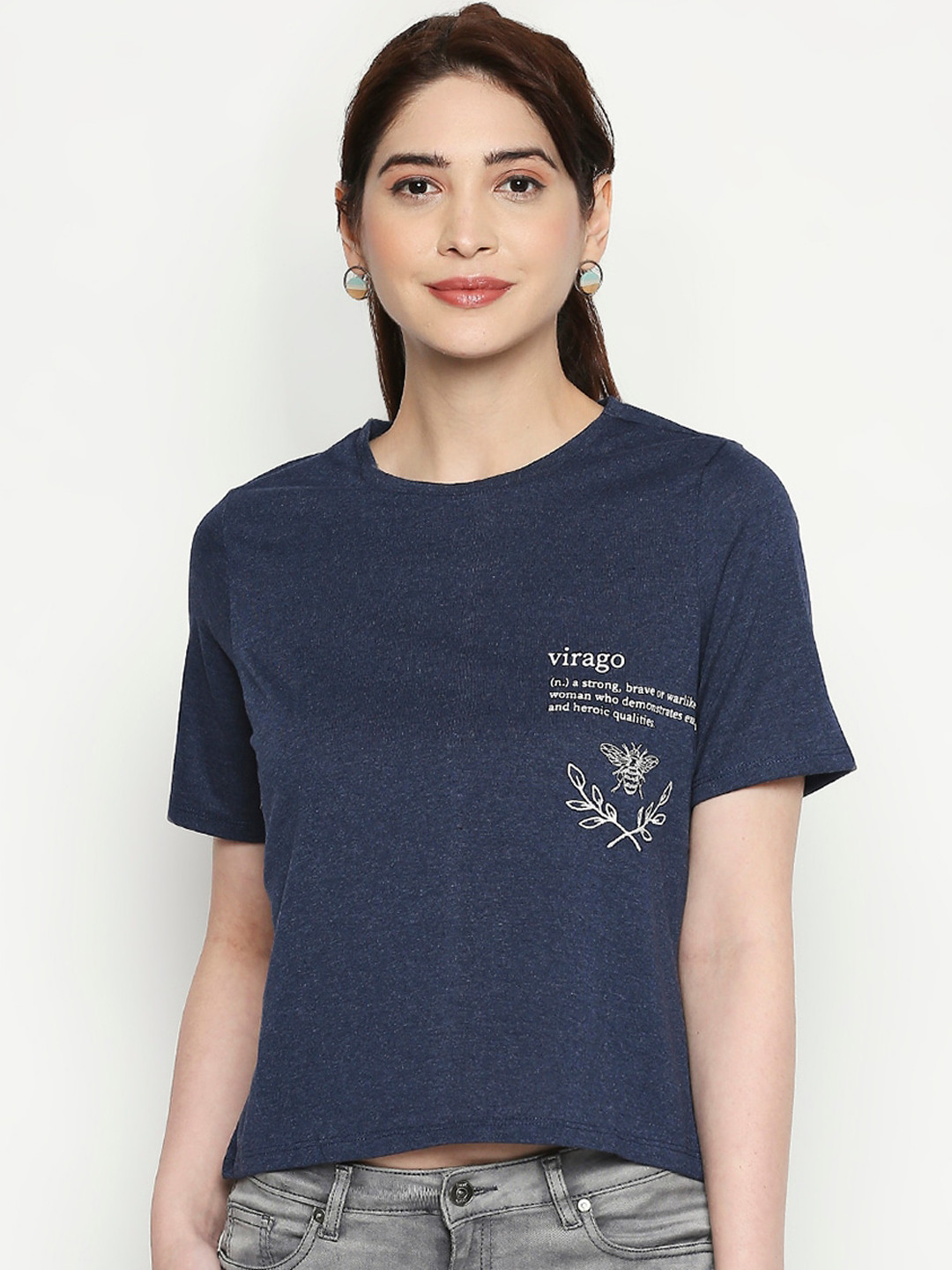 

People Women Blue Self Design Round Neck T-shirt