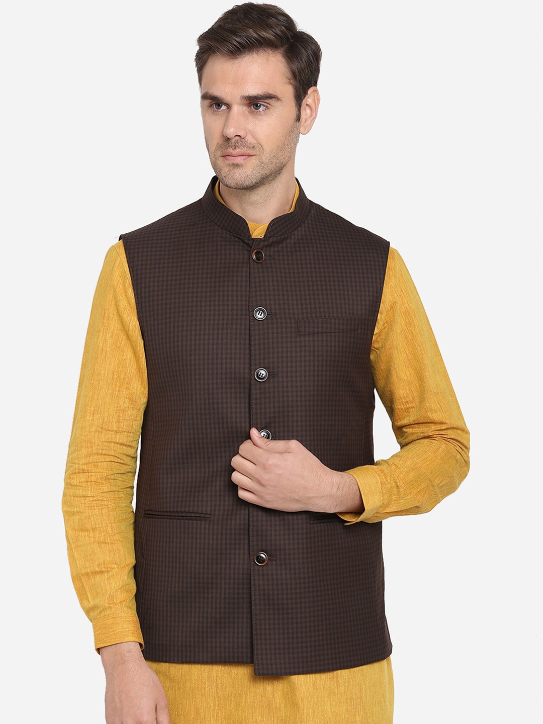 

MODI JACKET Men Brown Checked Nehru Jacket