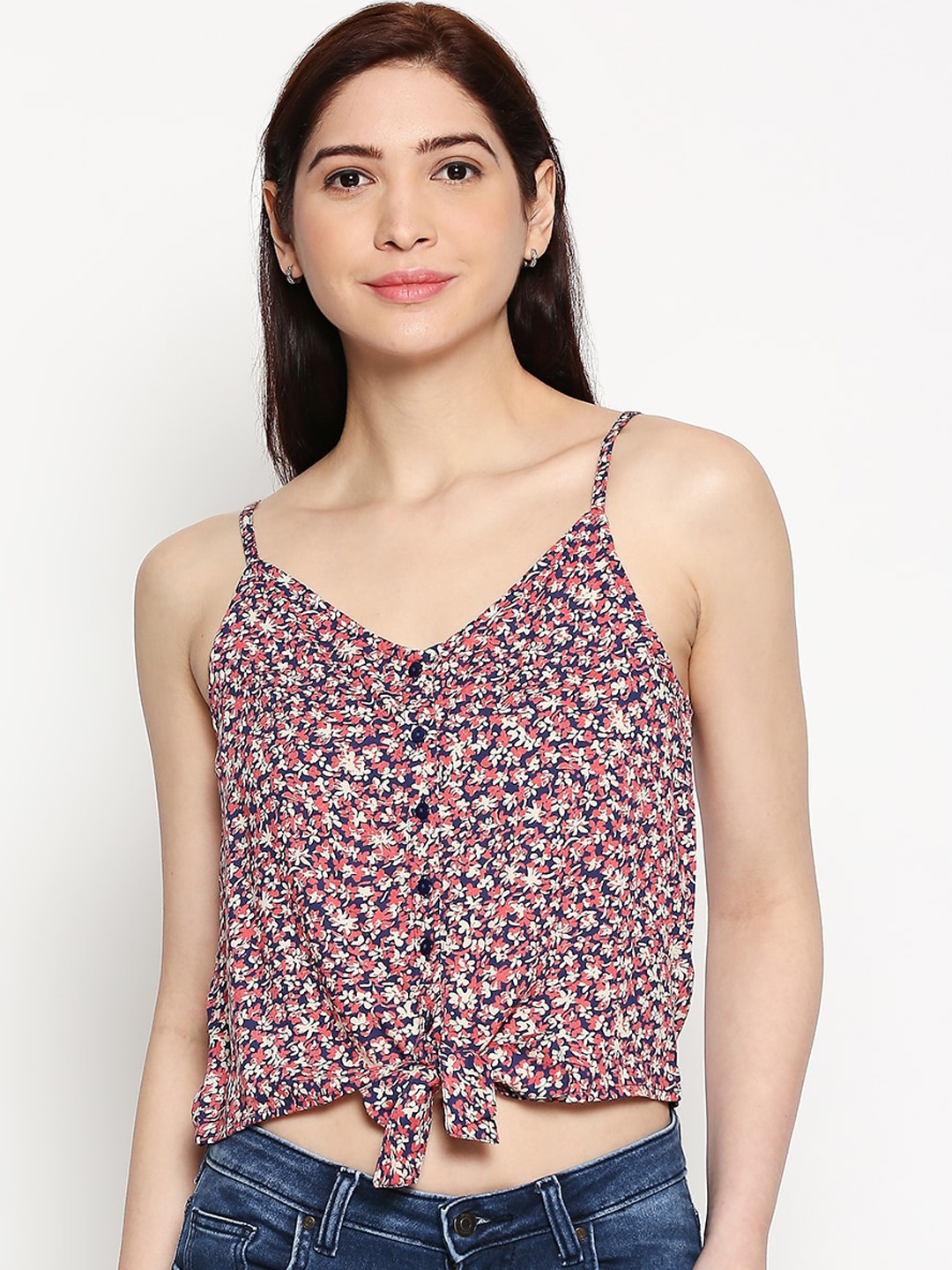 

People Women Navy Blue & Red Floral Printed Crop Top