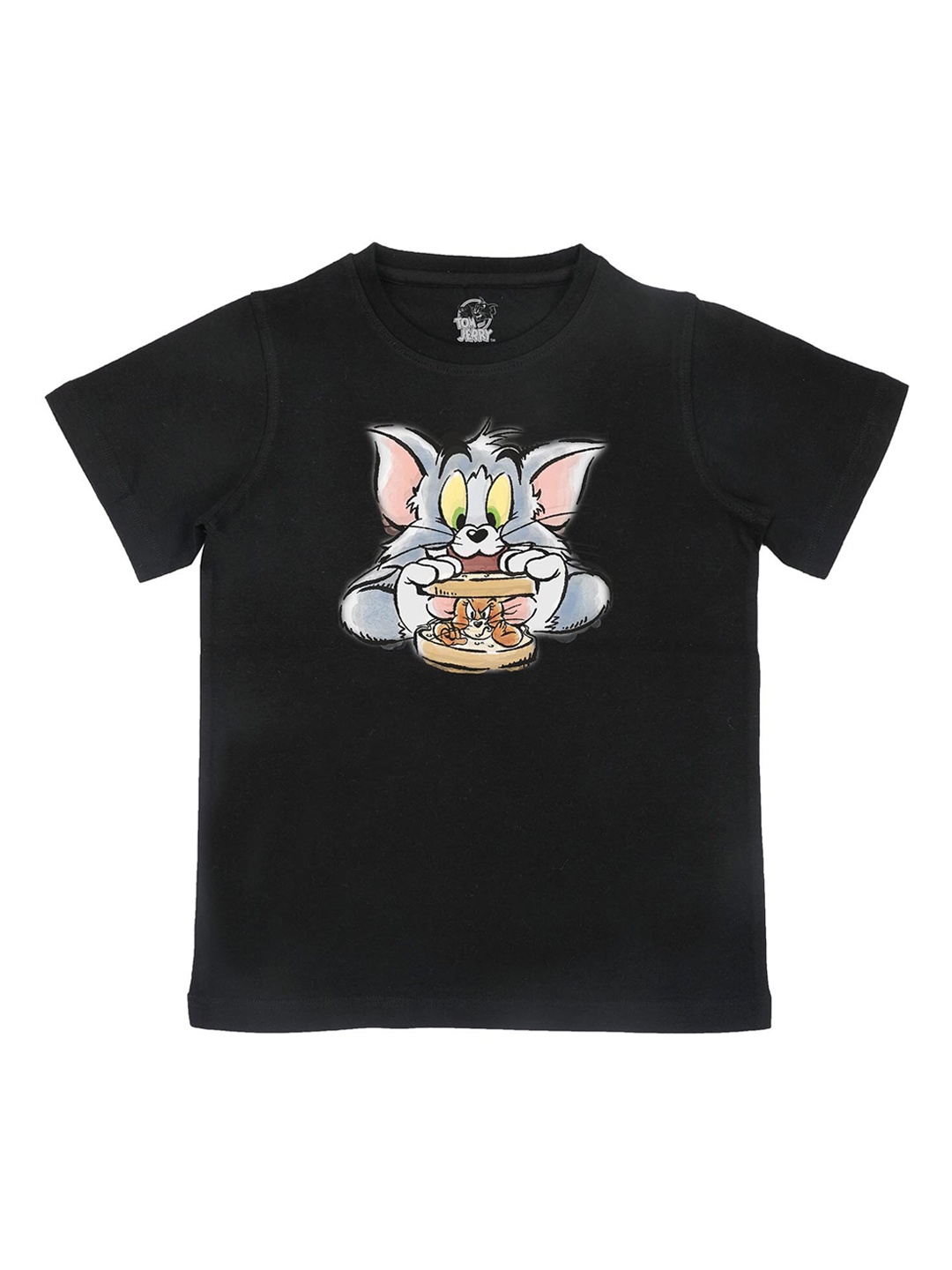 Tom Jerry Boys Black Tom Jerry Printed Round Neck Pure Cotton T-shirt