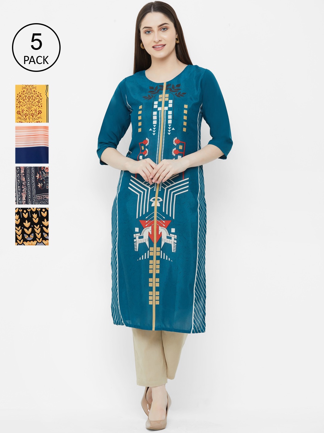 

7Threads Pack of 5 Printed Crepe Straight Kurtas, Blue