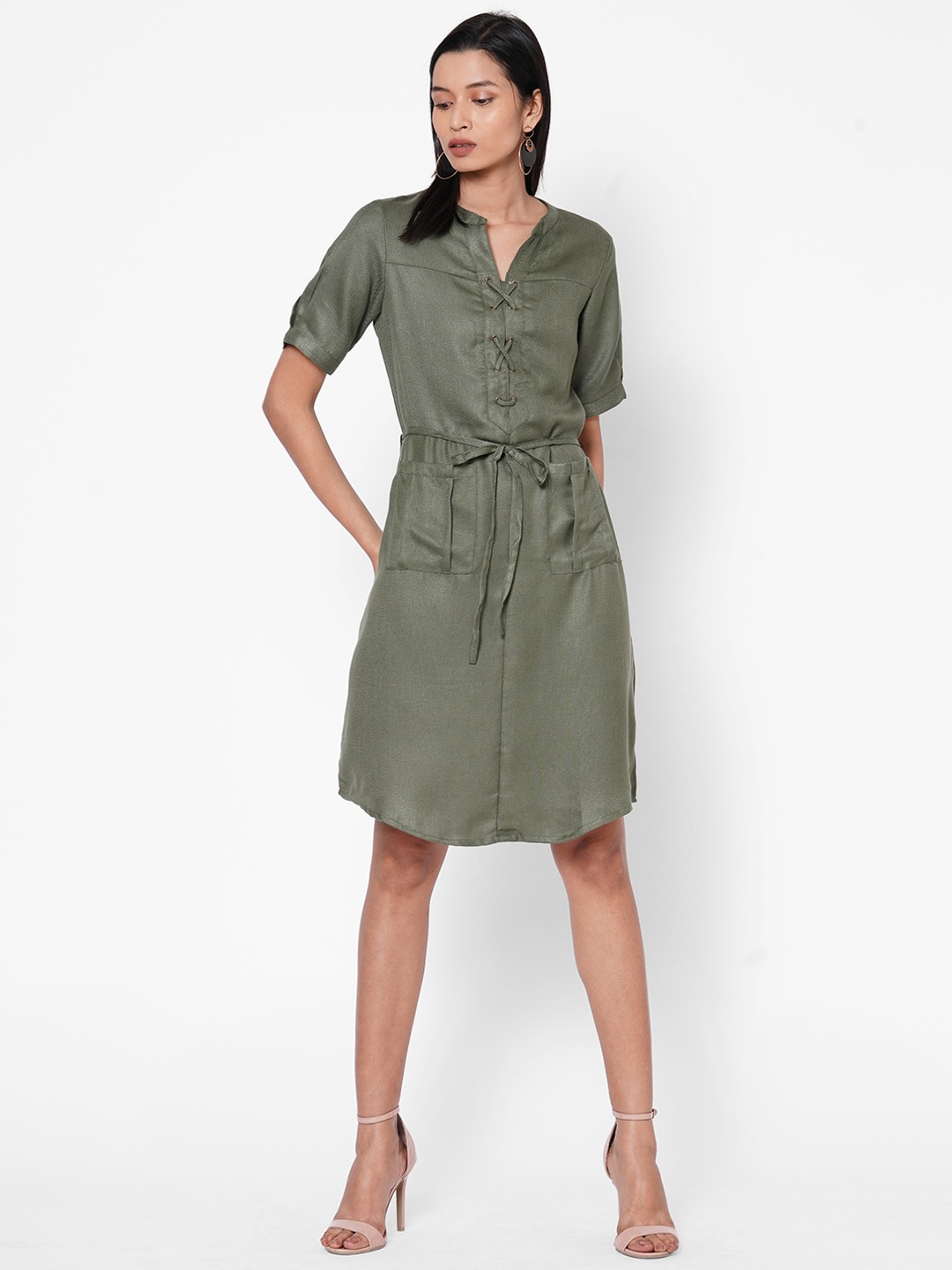 

109F Women Green Solid Shirt Dress