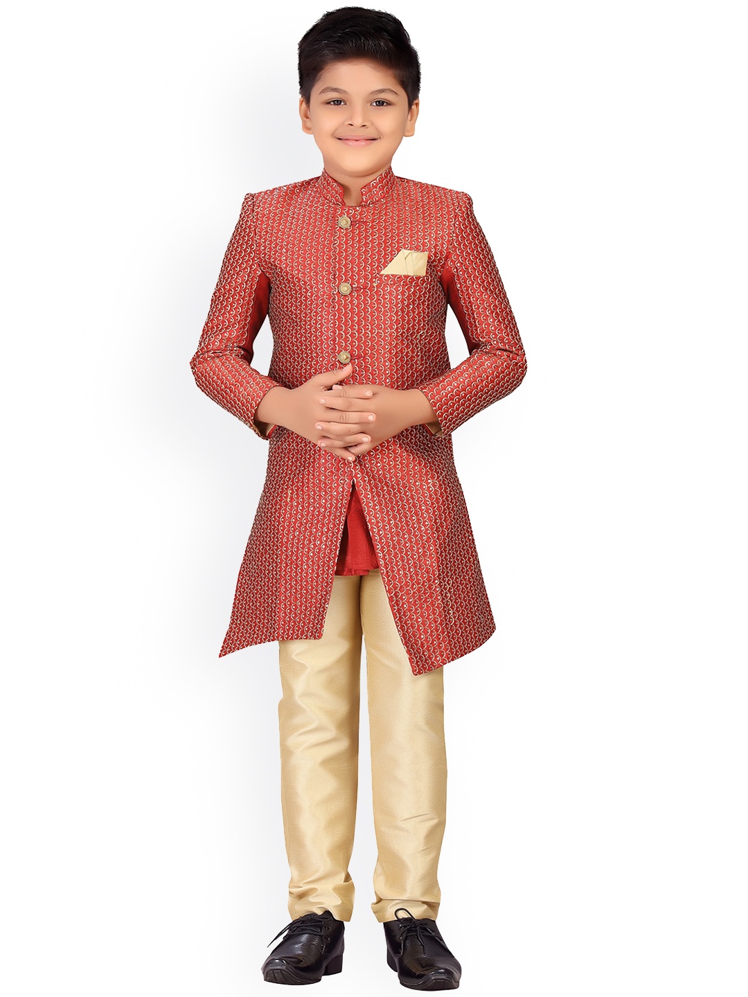 

ahhaaaa Boys Gold & Maroon Printed Sherwani Set