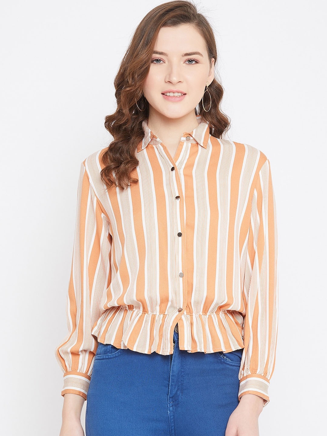 

Octave Orange Striped Shirt Style Top