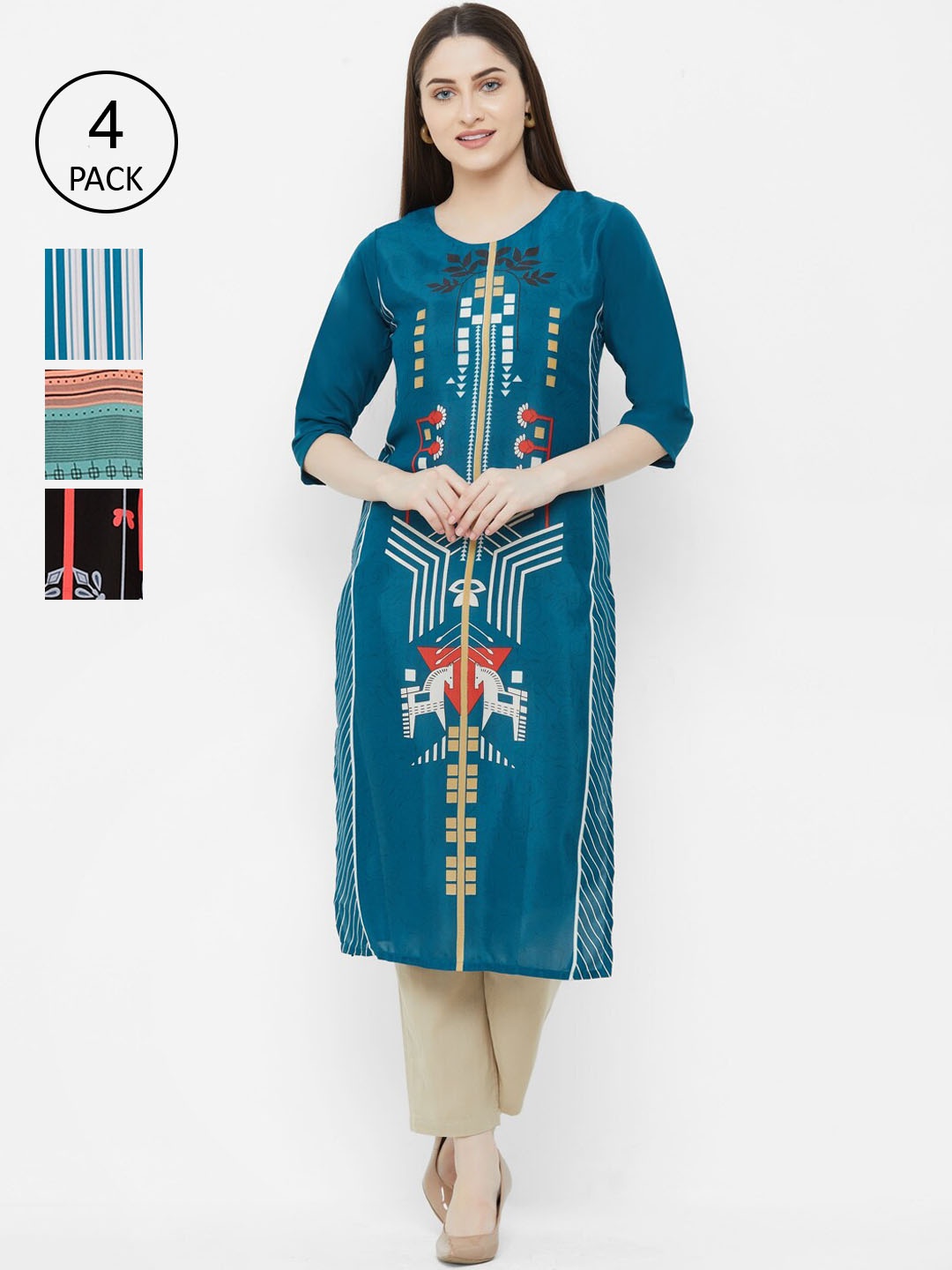 

7Threads Pack of 4 Printed Crepe Kurta, Multi