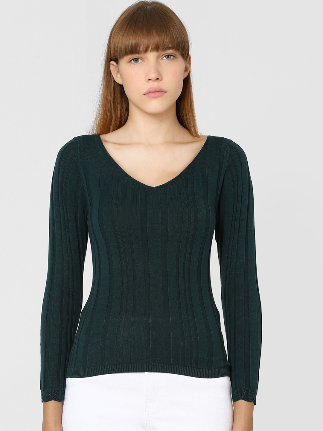 

ONLY Women Green Self Design V-Neck T-shirt