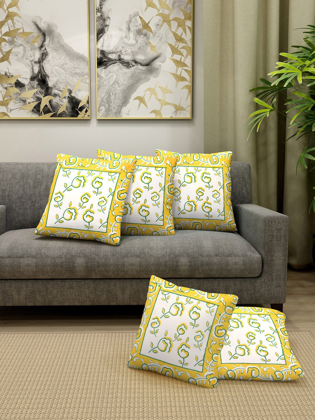 

Gulaab Jaipur White & Yellow Set of 5 Hand Block Printed Square Cushion Covers