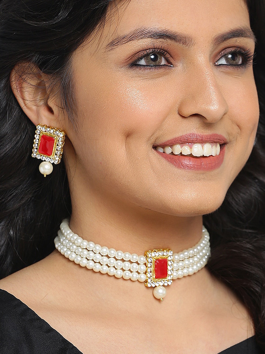 

Shining Diva Red & White Stone Studded & Pearl Embellished Antique Jewellery Set