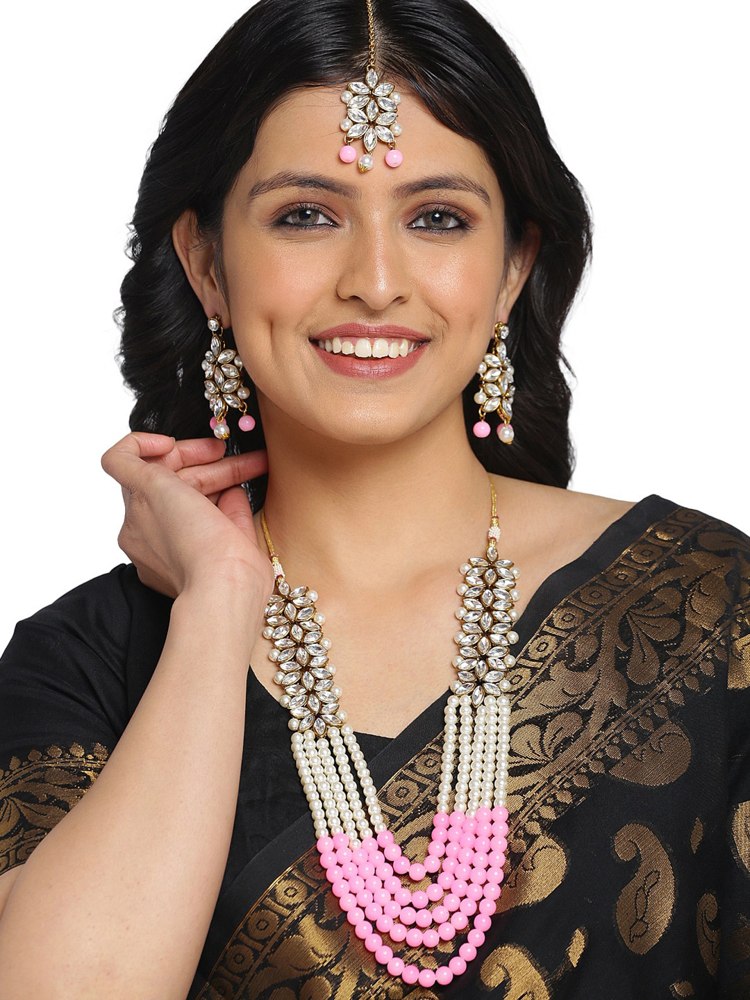 

Shining Diva Pink & White & Pink Kundan Studded & Pearl Embellished Antique Jewellery Set