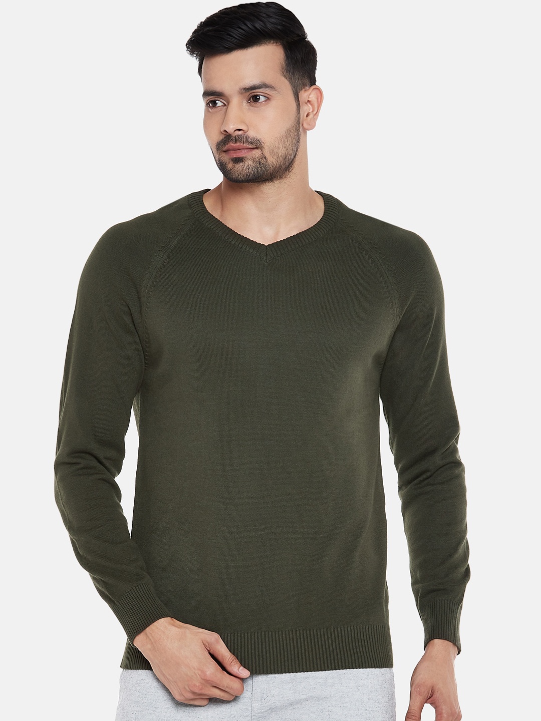 

BYFORD by Pantaloons Men Olive Green Solid Pullover Sweater