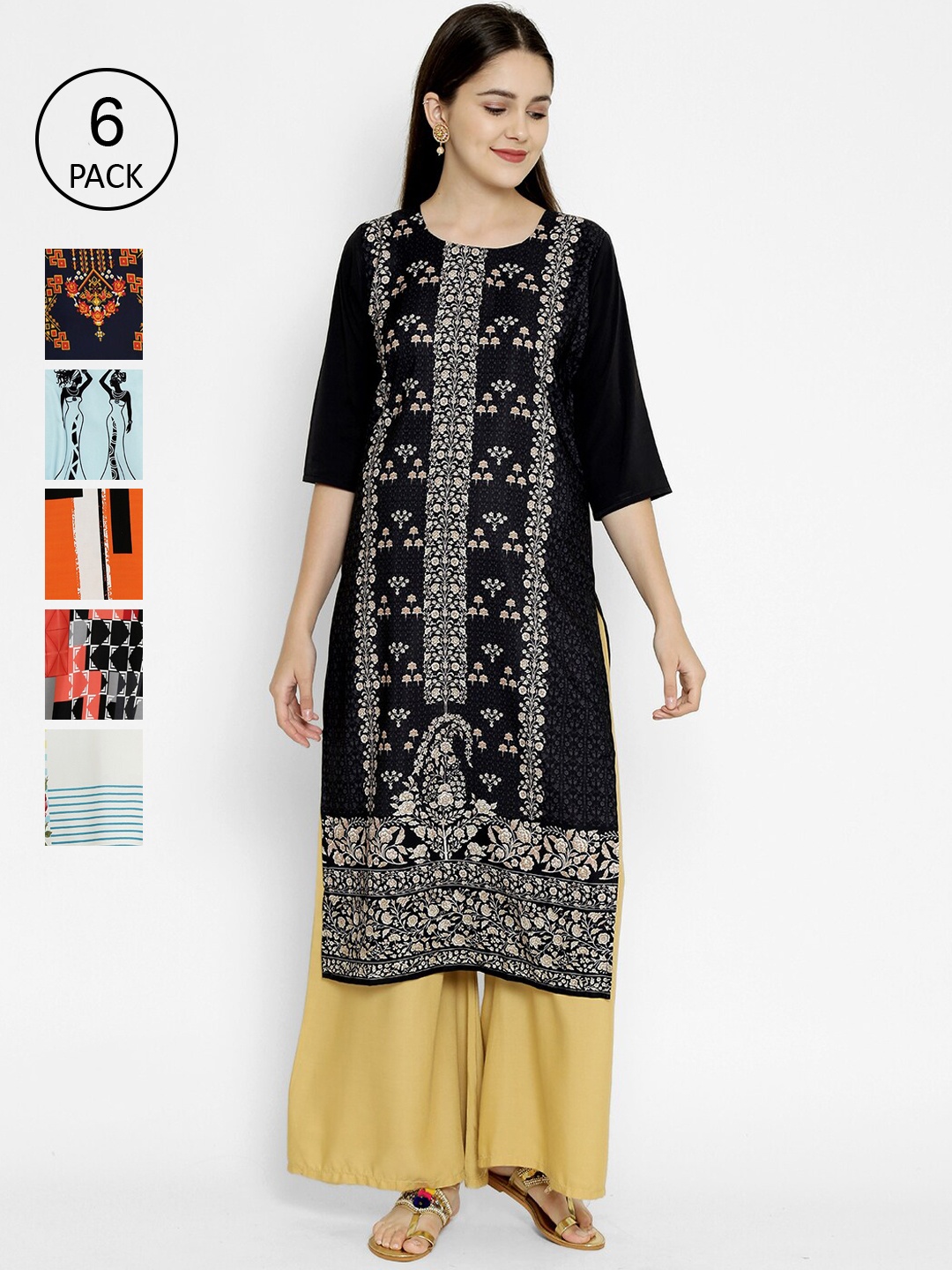 

7Threads Multicoloured Ethnic Motifs Printed Crepe Kurta (Pack Of 6), Multi