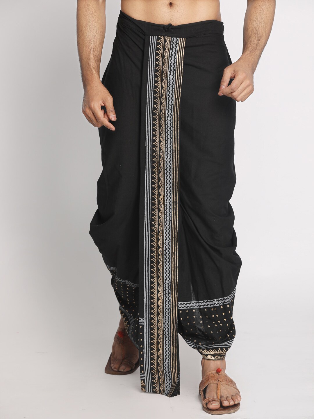 Nakshi Men Black & Grey Hand Block Printed Stitched Dhoti