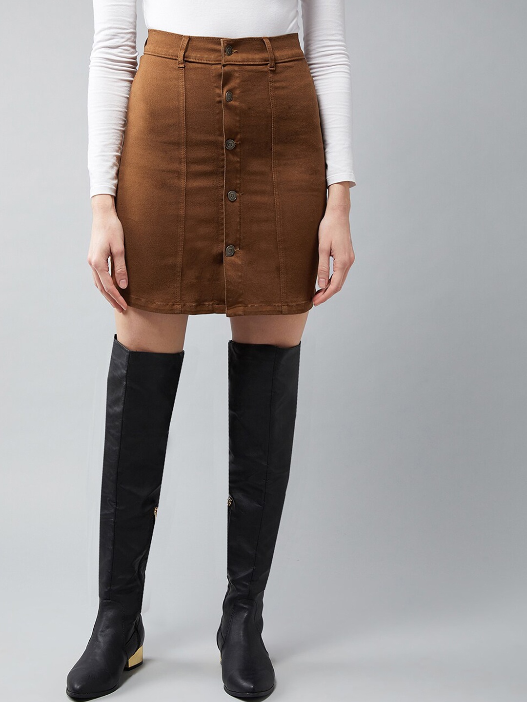 

DOLCE CRUDO Women Brown Solid Denim Pencil Mini Skirt