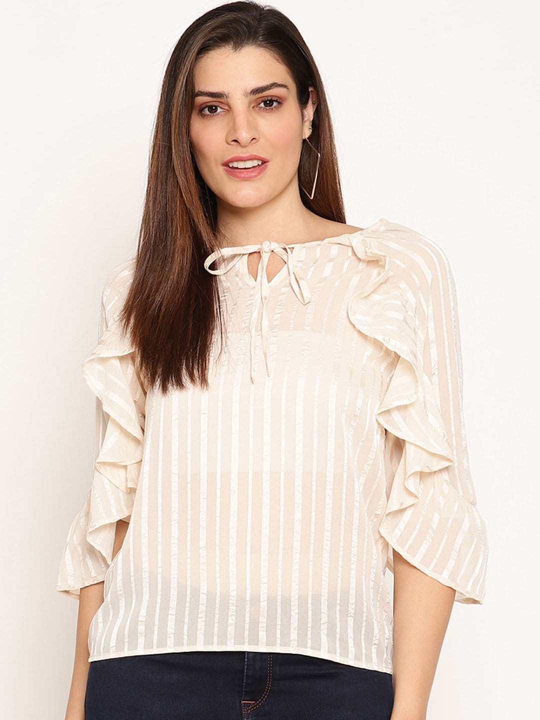 

Ruhaans Cream-Coloured Striped Tie-Up Neck Ruffles Chiffon Top