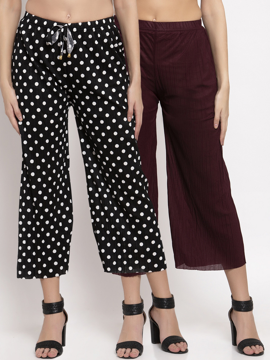 

KLOTTHE Women Pack of 2 Burgundy & Black Solid Wide Leg Palazzos