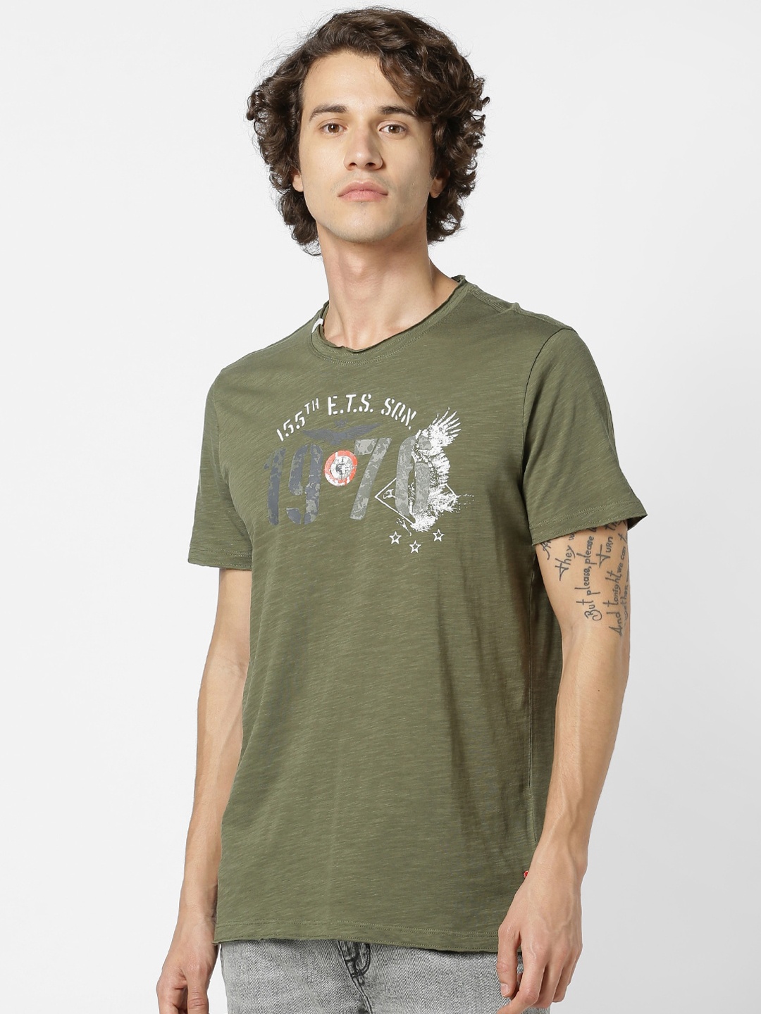 

Celio Men Olive Green Printed Round Neck Cotton Pure Cotton T-shirt