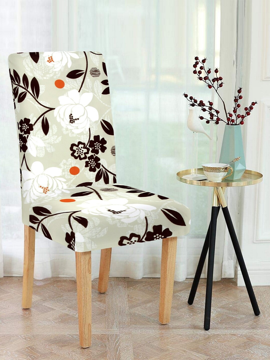 Cortina Beige & Black Set Of 4 Floral Printed Chair Covers