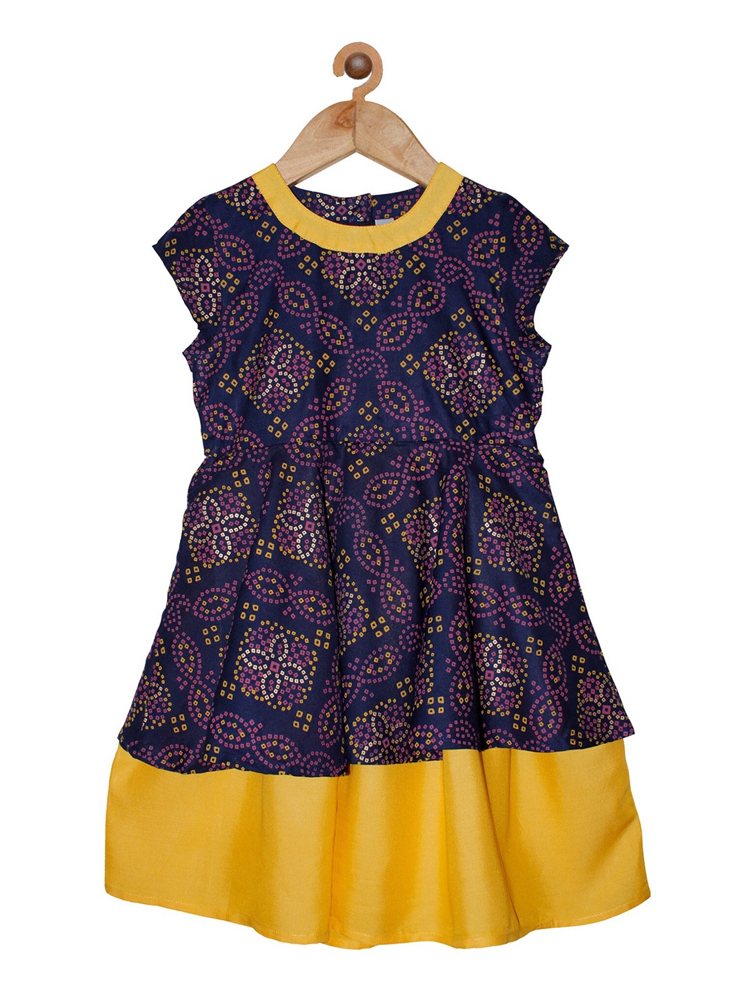 KiddoPanti Girls Navy Blue Printed Fit and Flare Dress