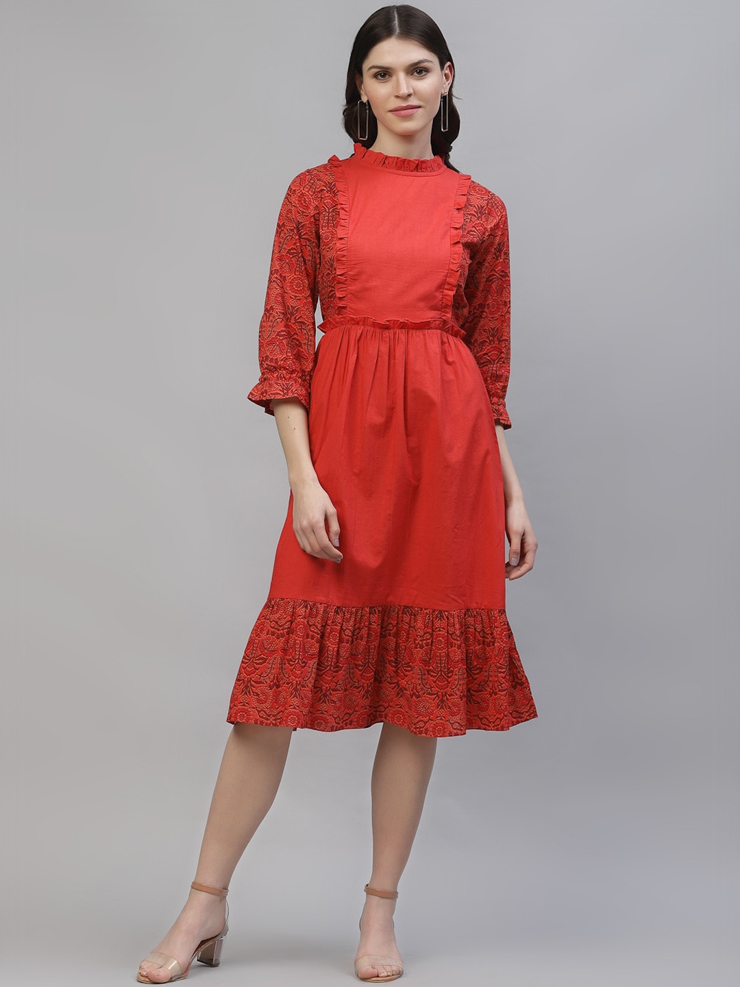 

Athena Women Red & Black Printed Fit and Flare Dress