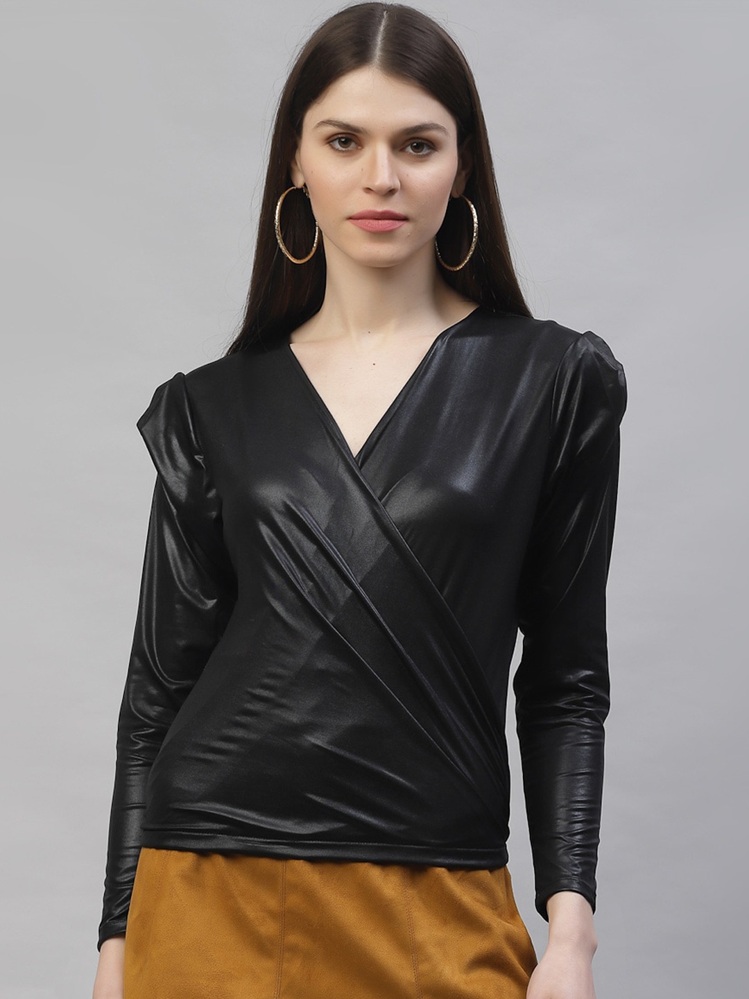 

Athena Black Puff Sleeves Wrap Top