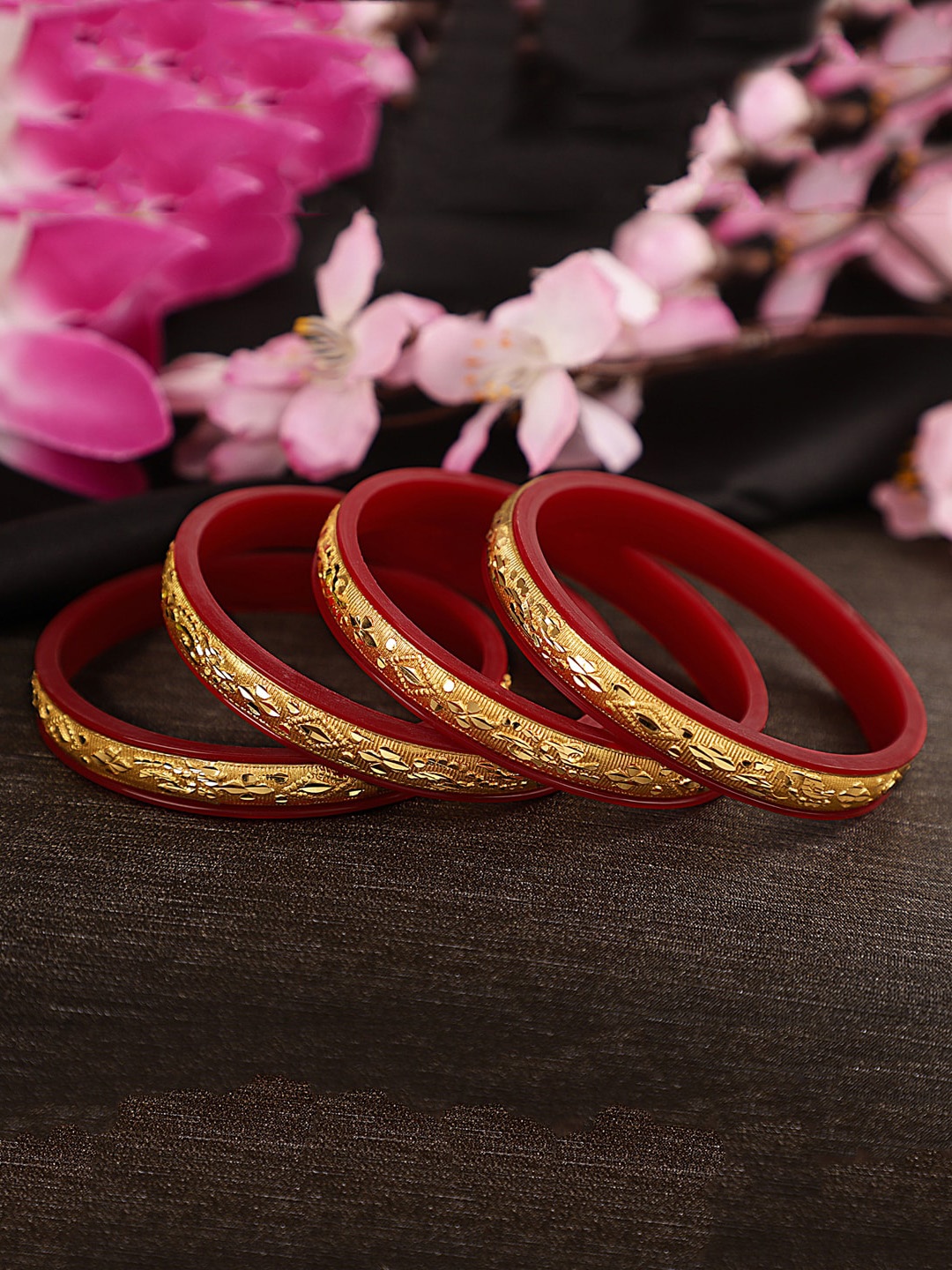 

Shining Diva Set Of 4 Gold-Plated & Red Handcrafted Bangles