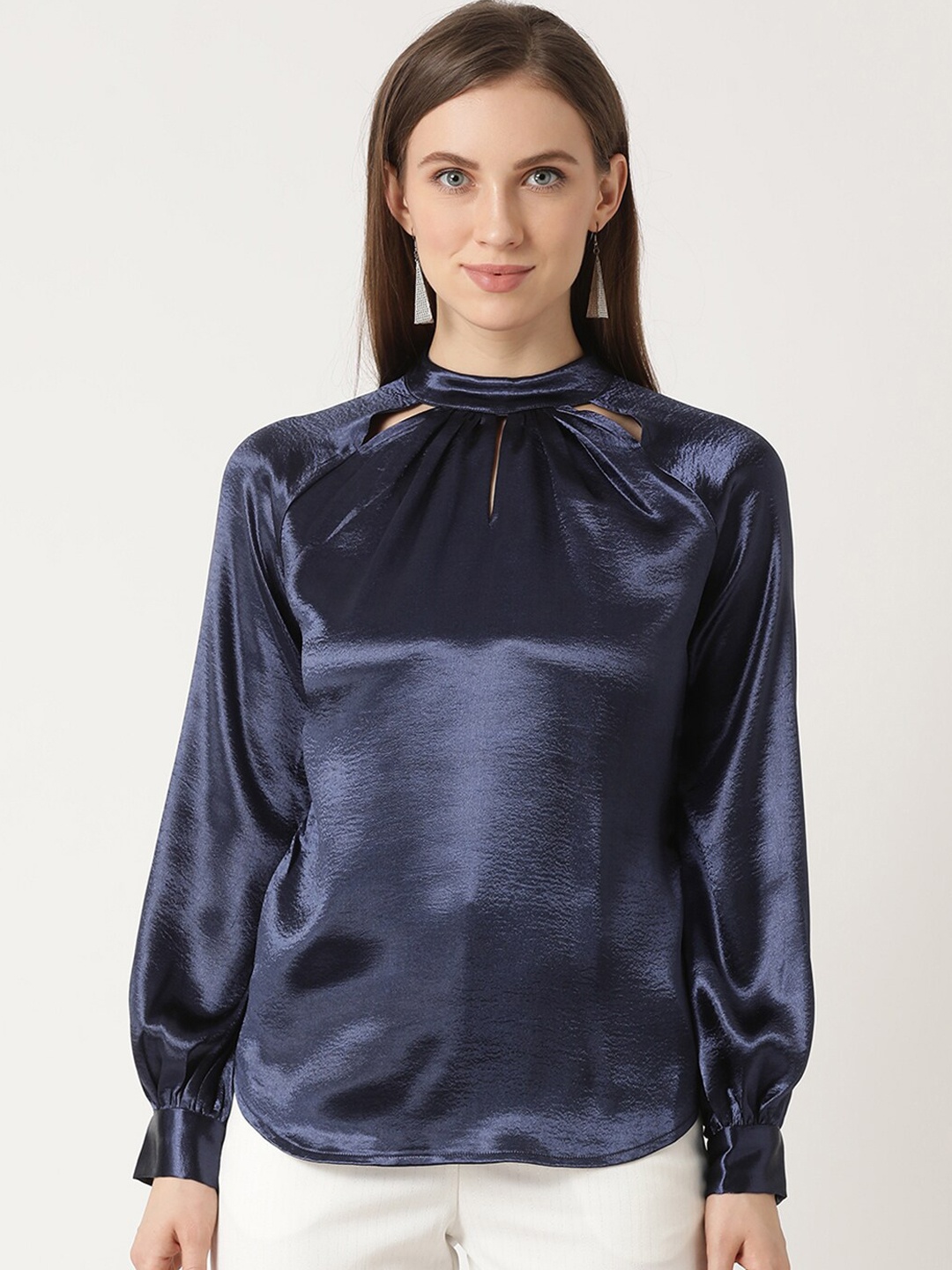 

ZOELLA Navy Blue High Neck Cuffed Sleeves Top