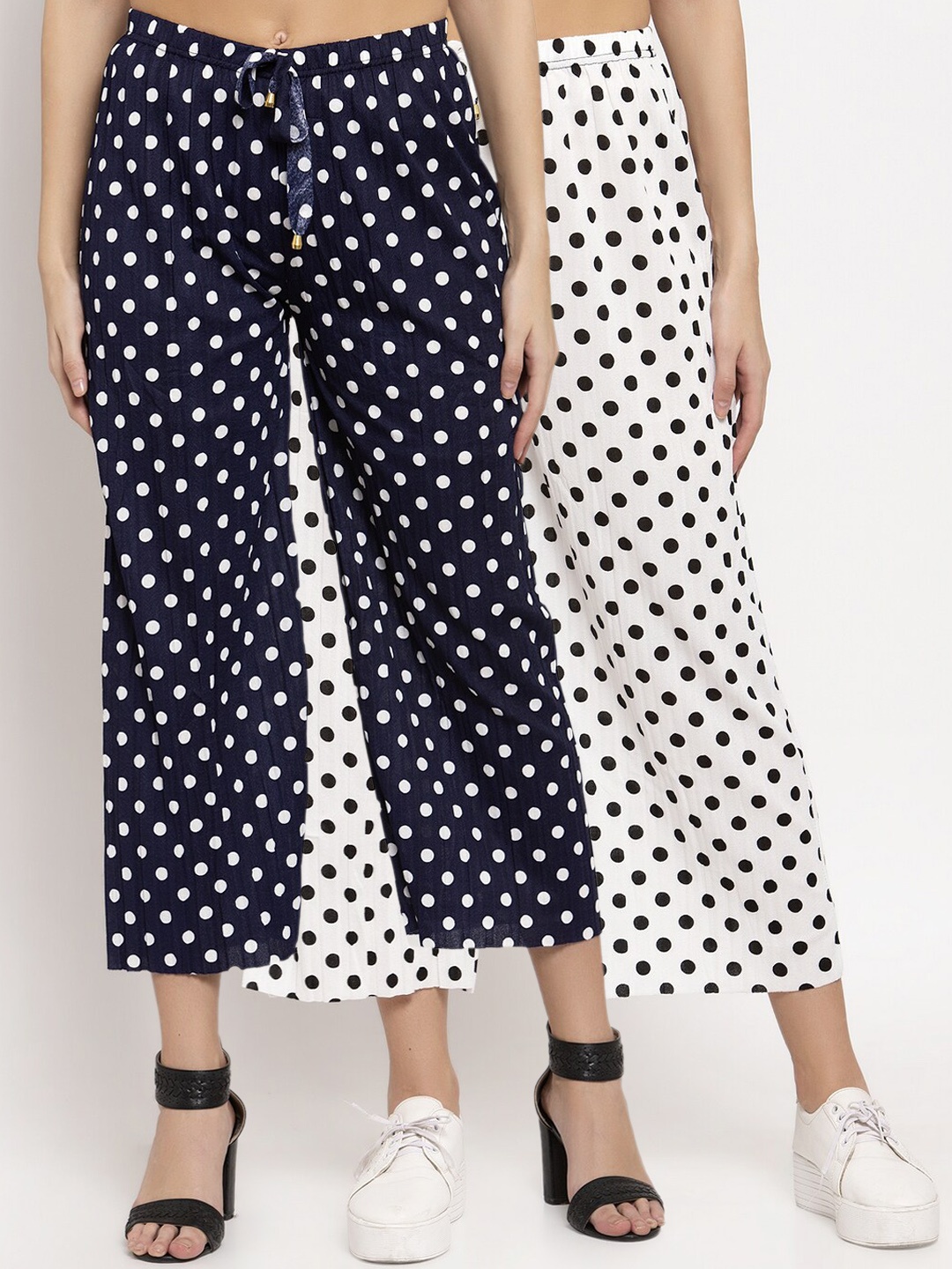 KLOTTHE Women Pack of 2 Navy Blue & White Printed Wide Leg Palazzos