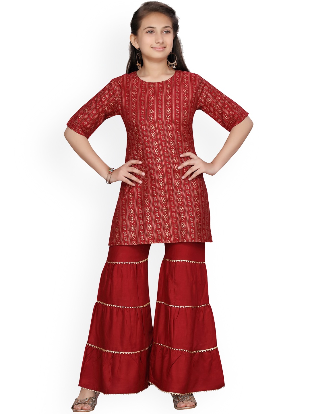 

Aarika Girls Maroon Woven Design Kurta with Sharara