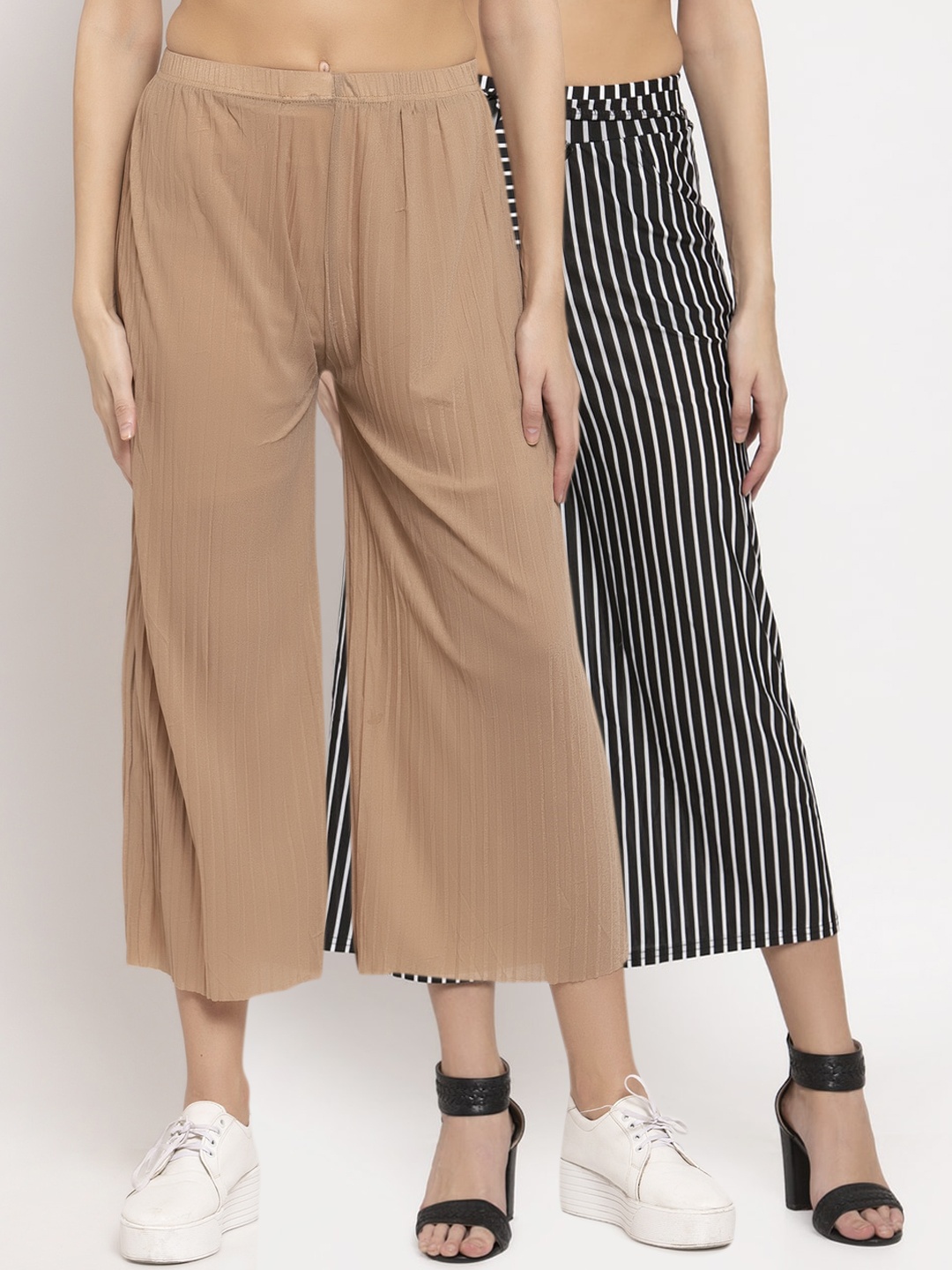 

KLOTTHE Women Brown & Black Pack of 2 Striped Flared Palazzos