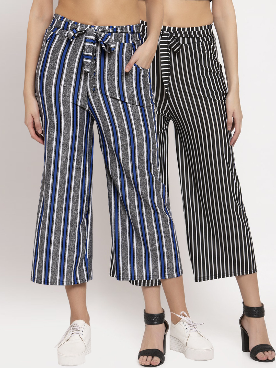

KLOTTHE Women Pack Of 2 Blue & White Striped Wide Leg Palazzos