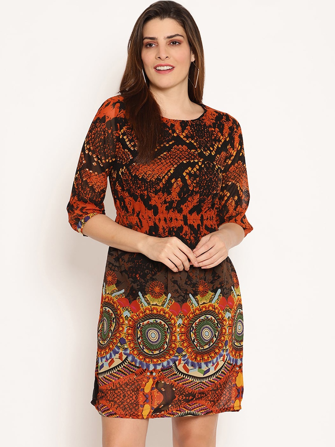 

Ruhaans Women Multicoloured Printed Fit and Flare Dress, Multi