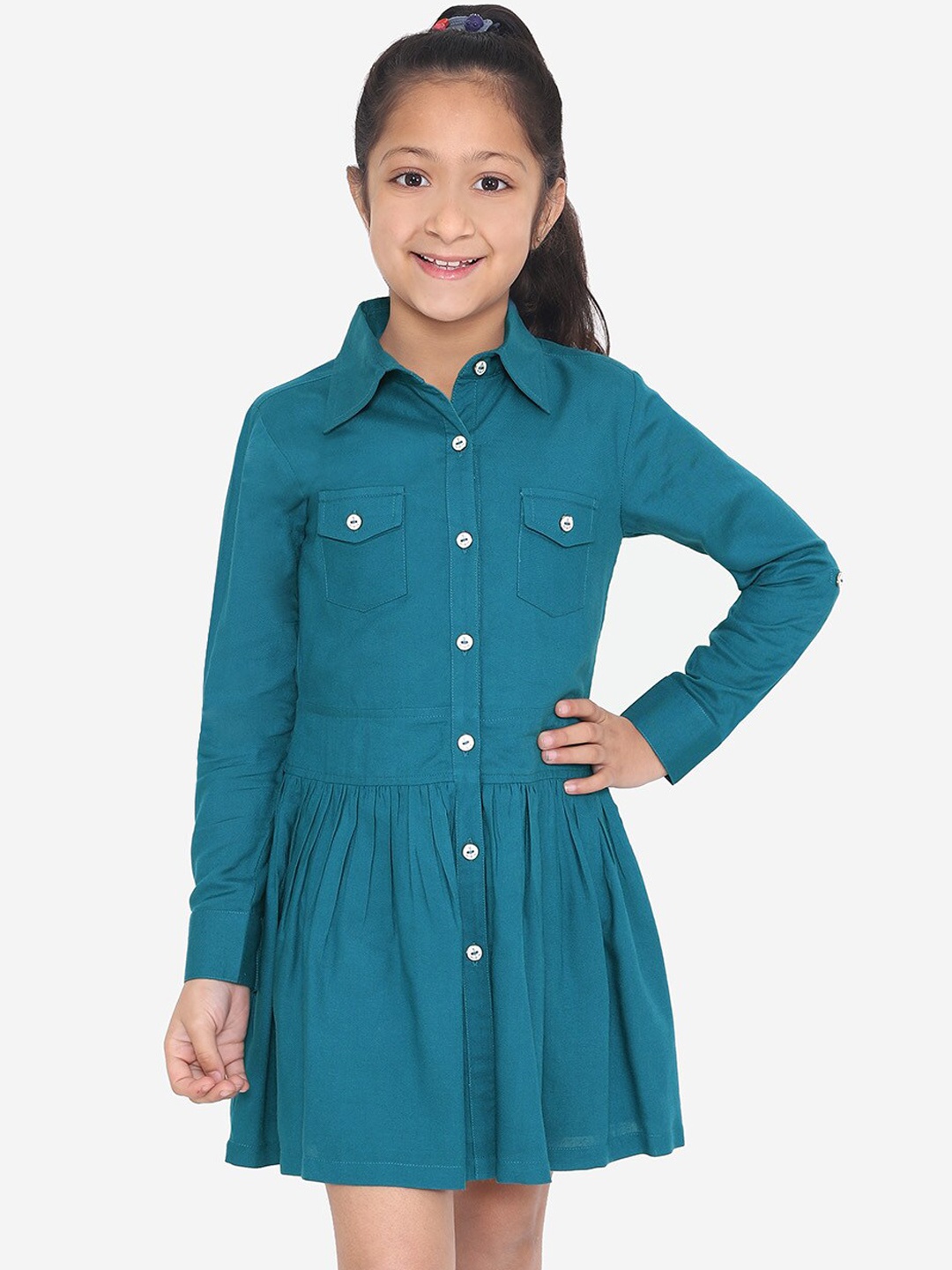 

Naughty Ninos Girls Teal Blue Solid Shirt Dress