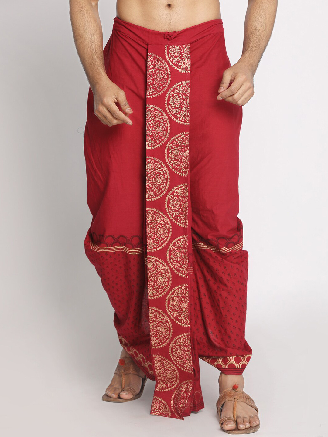 

Nakshi Men Red & Gold-Coloured Hand Block Printed Dhoti