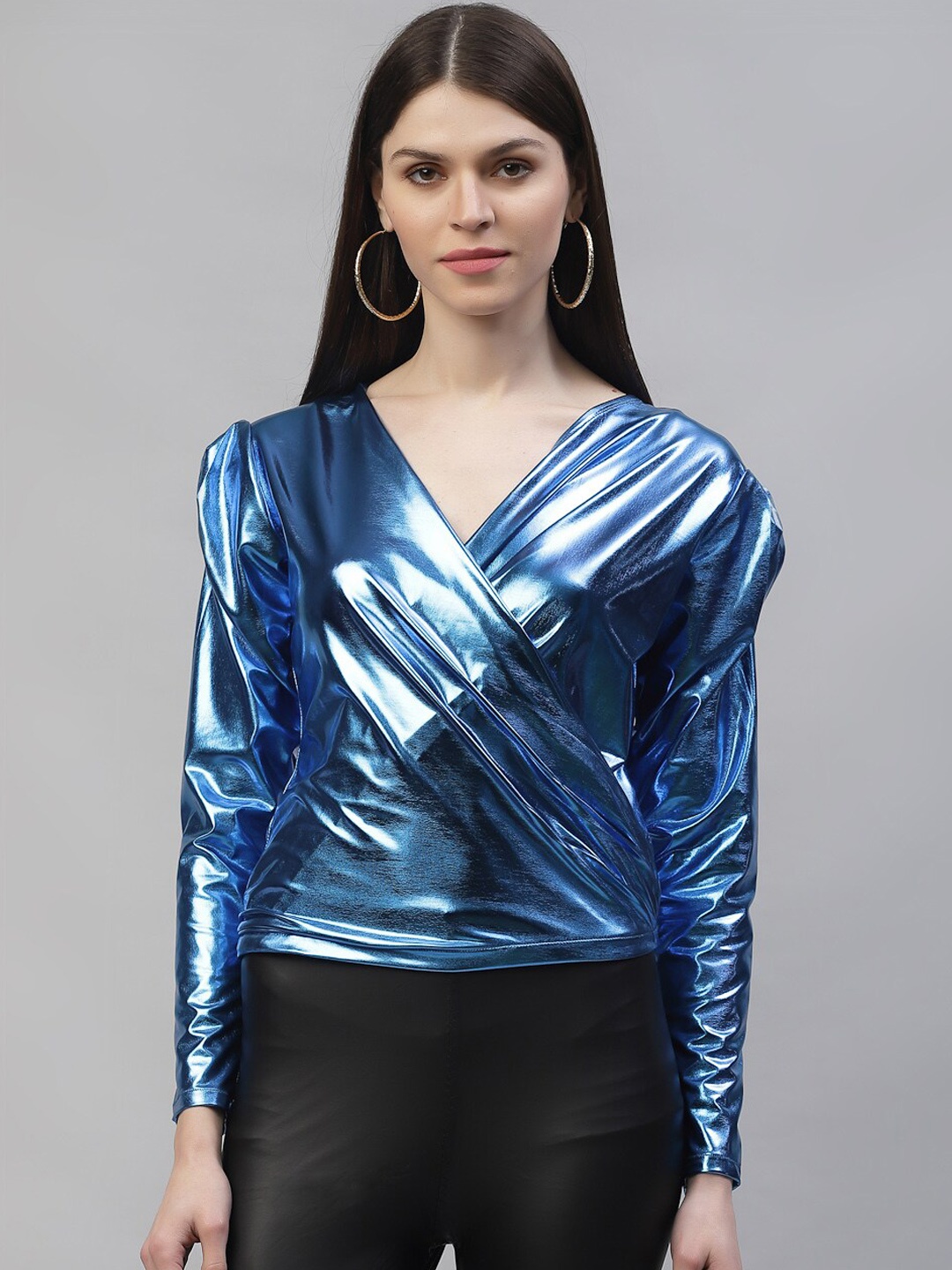 

Athena Blue Puff Sleeves Wrap Top