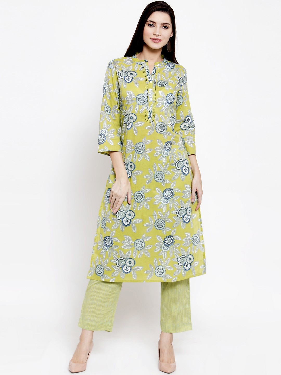 

The Kurta Express Women Lime Green & White Printed Kurta with Trousers
