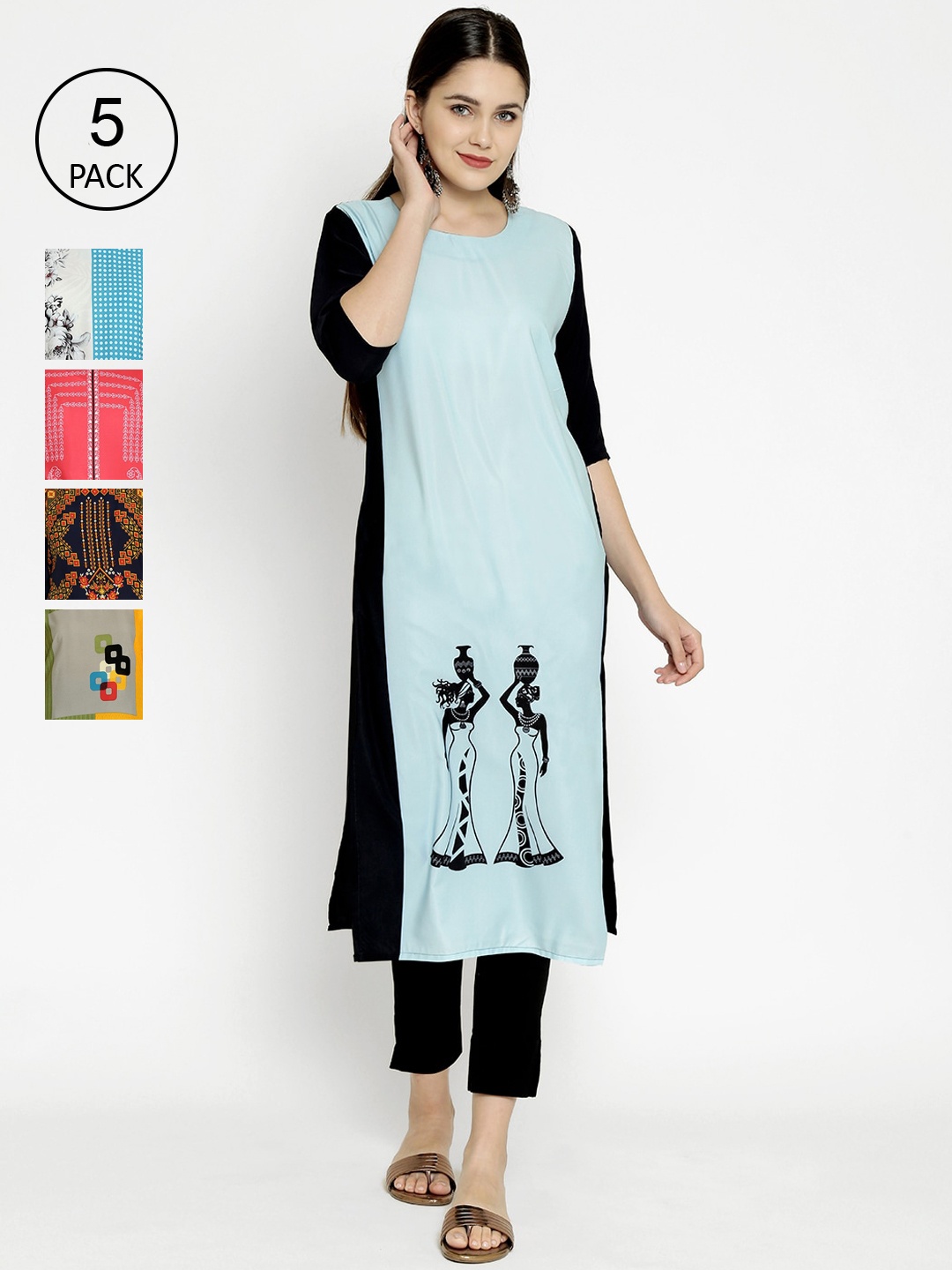 

7Threads Multicoloured Quirky Printed Crepe Kurta (Pack Of 5), Multi