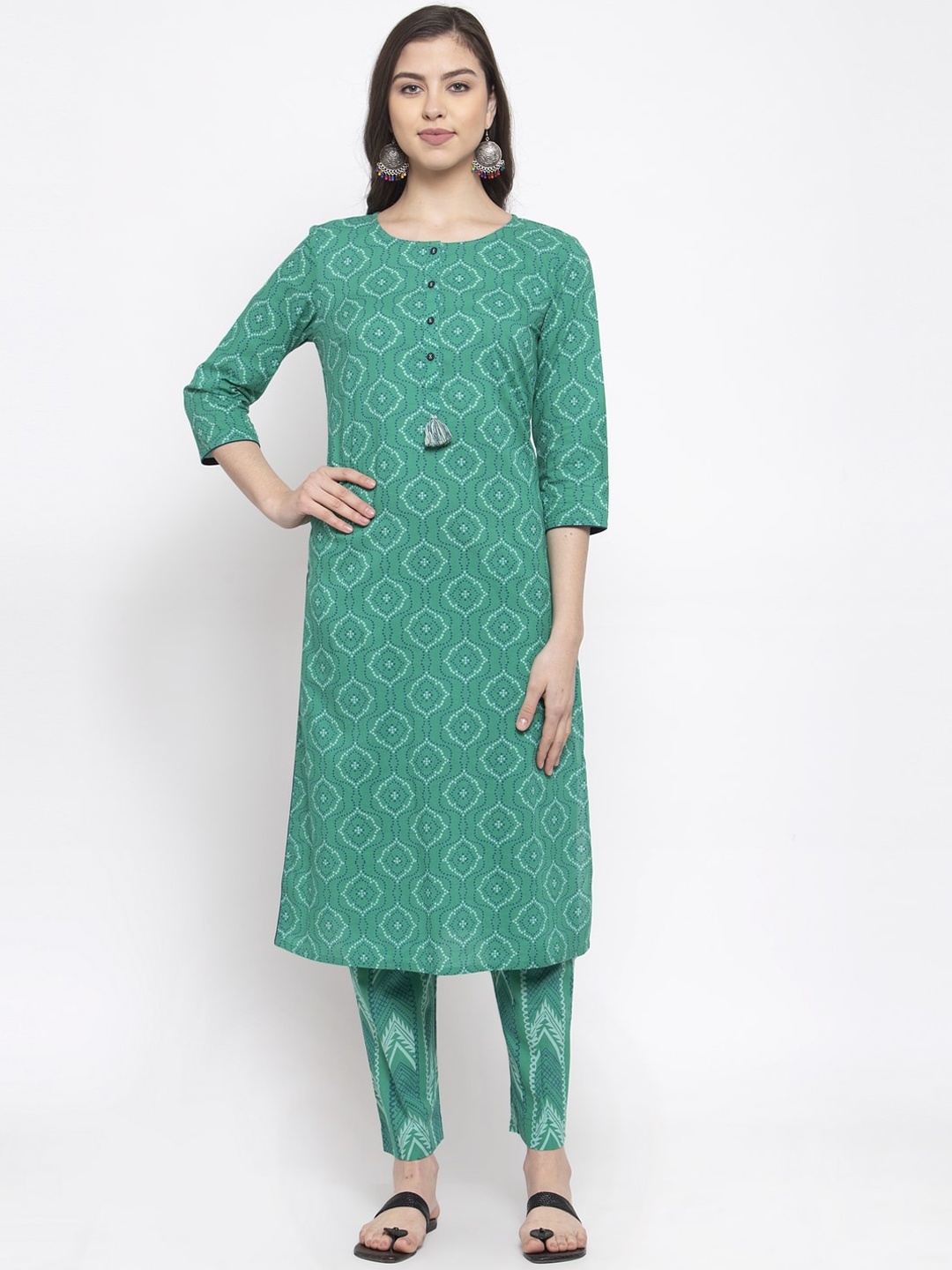 The Kurta Express Women Green Printed Kurta with Trousers
