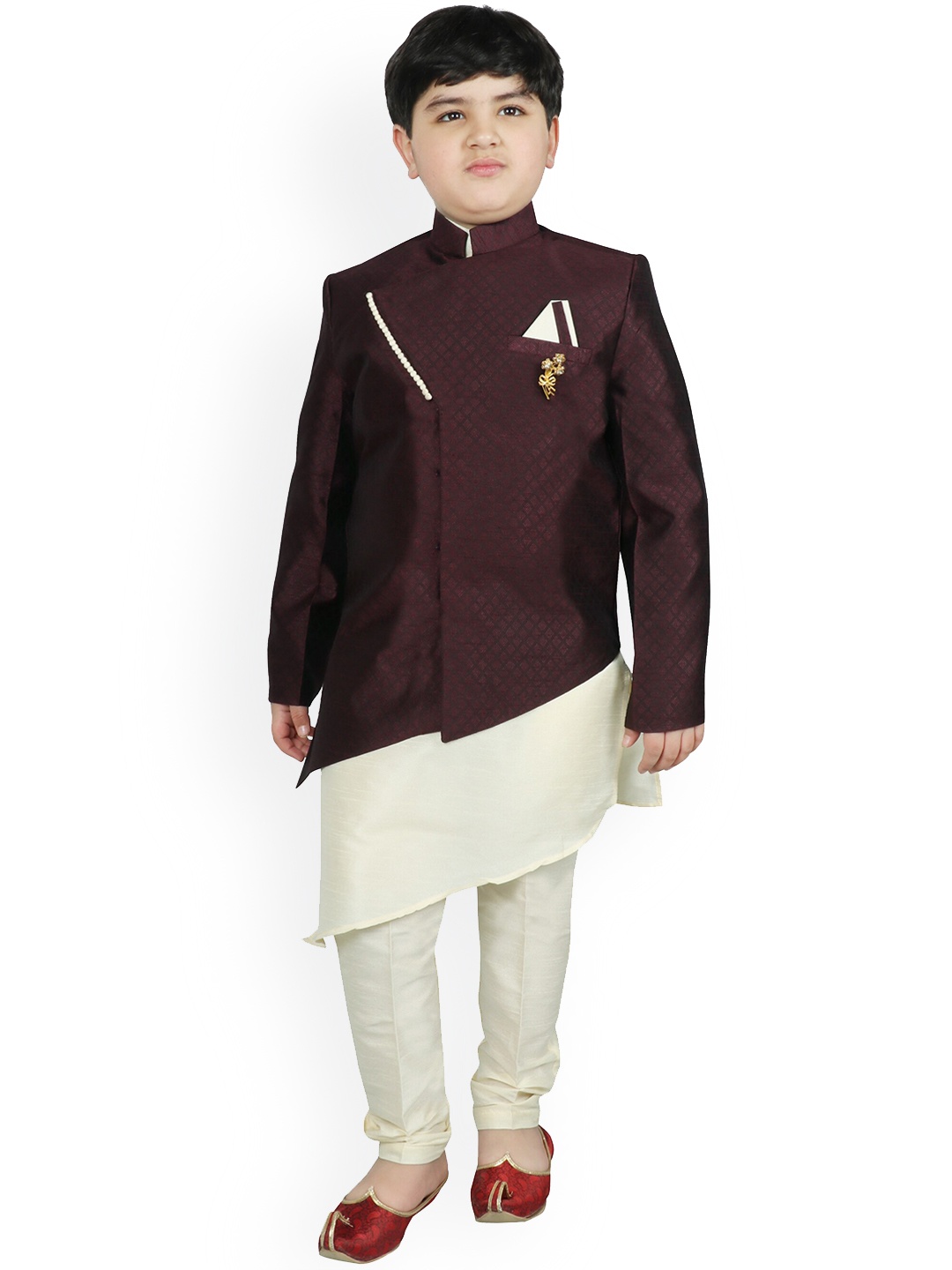 

SG YUVRAJ Boys Coffee Brown & Off-White Woven-Design Raw Silk Sherwani