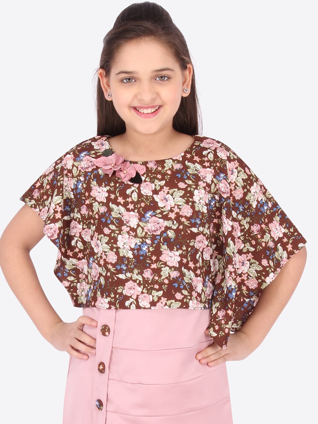 

CUTECUMBER Girls Brown & Pink Printed Fit and Flare Dress