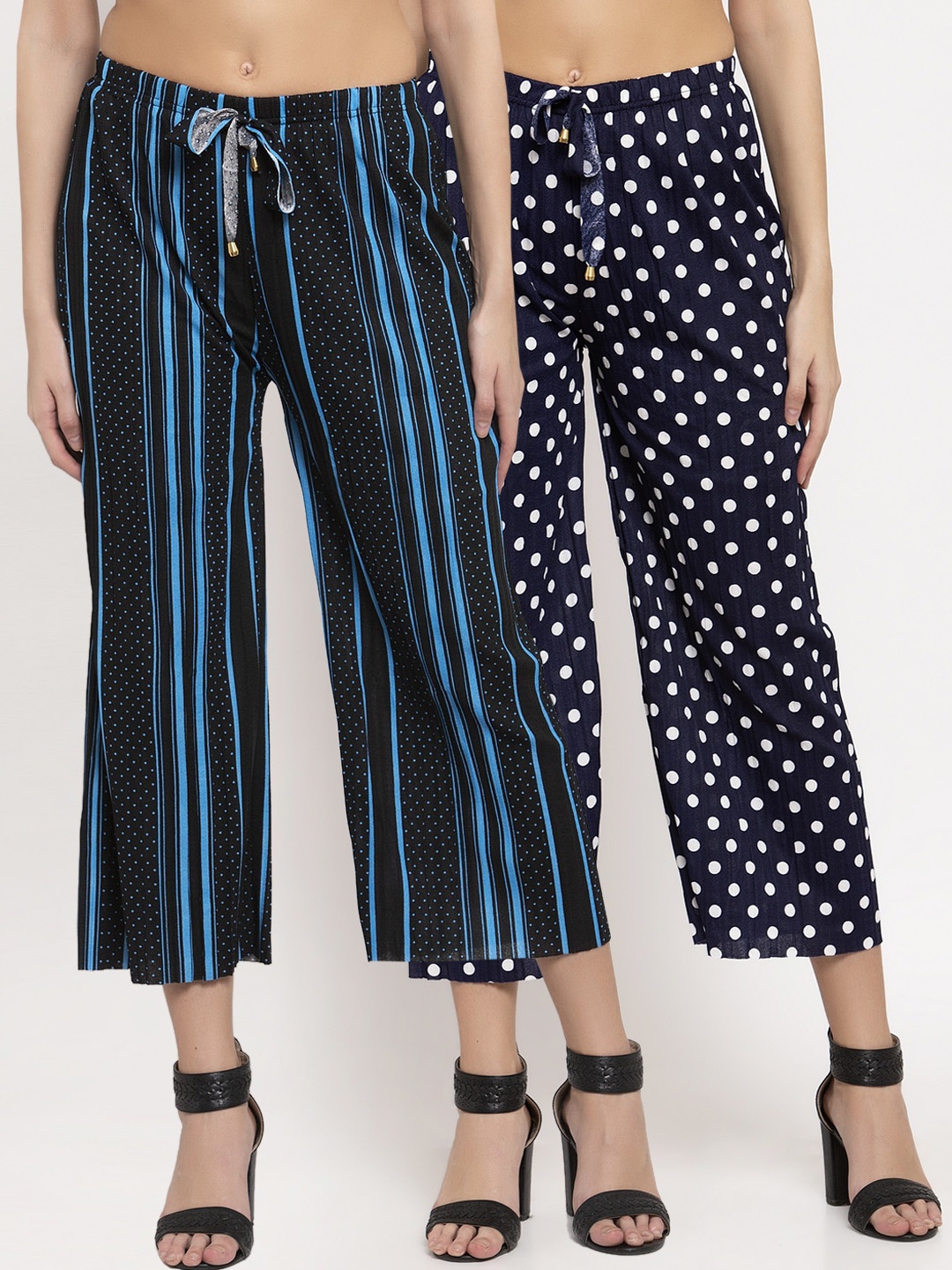 

KLOTTHE Women Pack of 2 Blue & Black Striped Wide Leg Palazzos