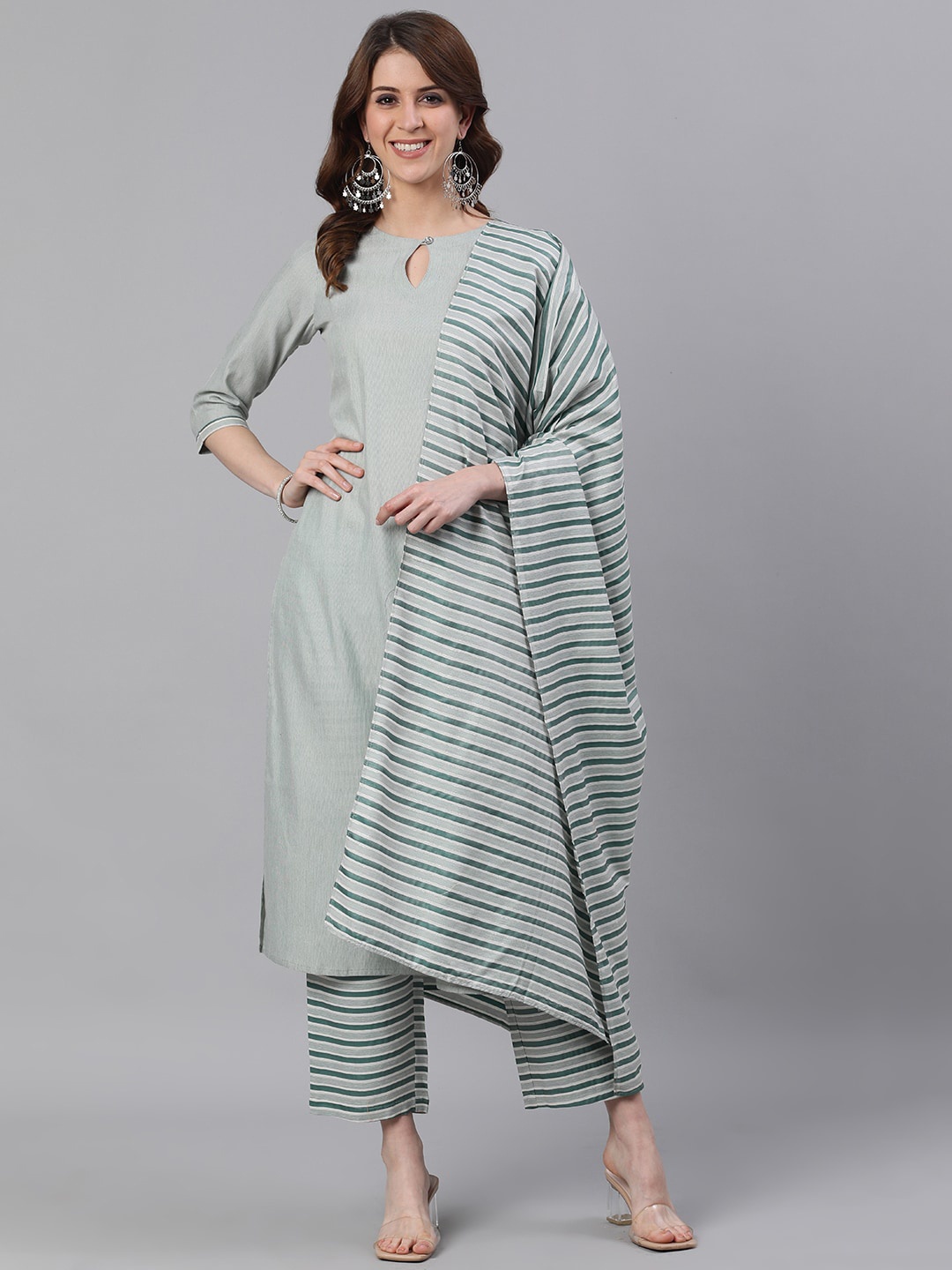 

Jaipur Kurti Women Green & White Solid Kurta with Palazzos & Dupatta