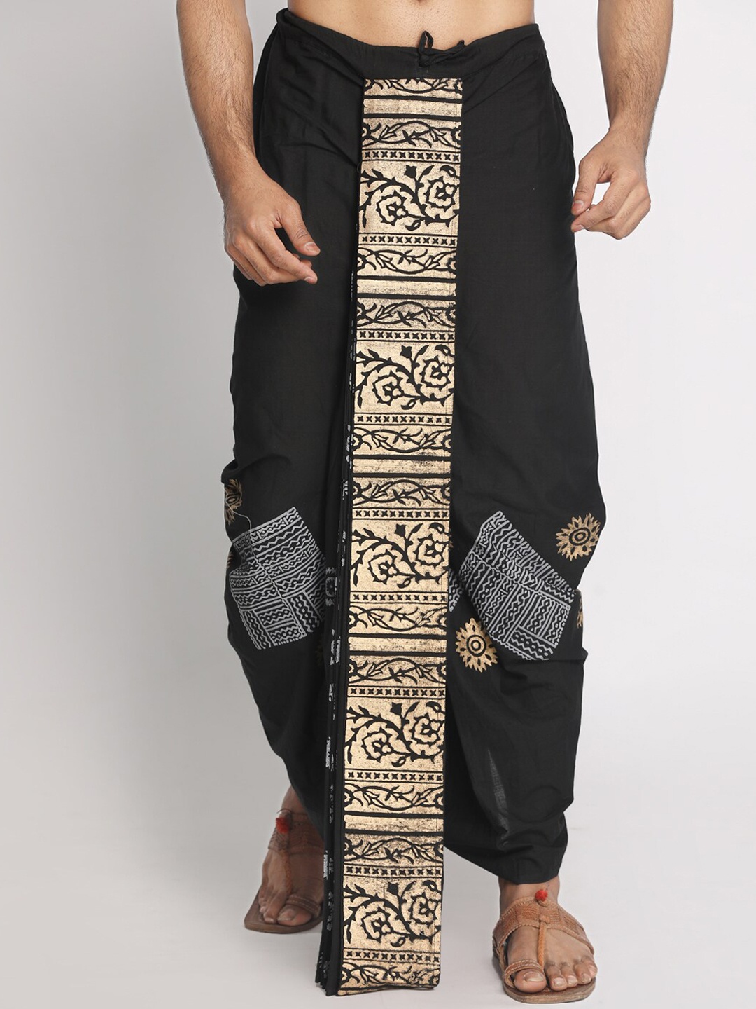 

Nakshi Men Black & Gold-Colour Hand Block Printed Stitched Dhoti