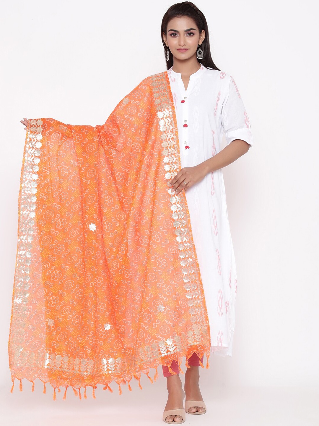 

SOUNDARYA Orange & Silver-Toned Printed Dupatta