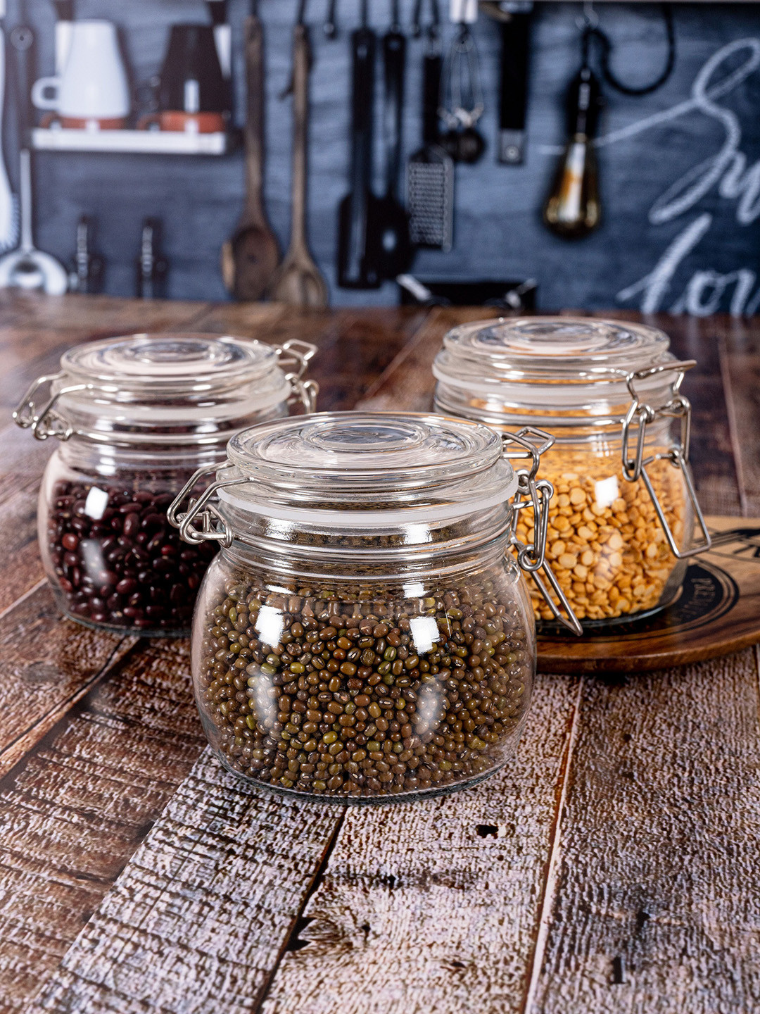 

GOODHOMES Set Of 3 Transparent Solid Glass Storage Jars