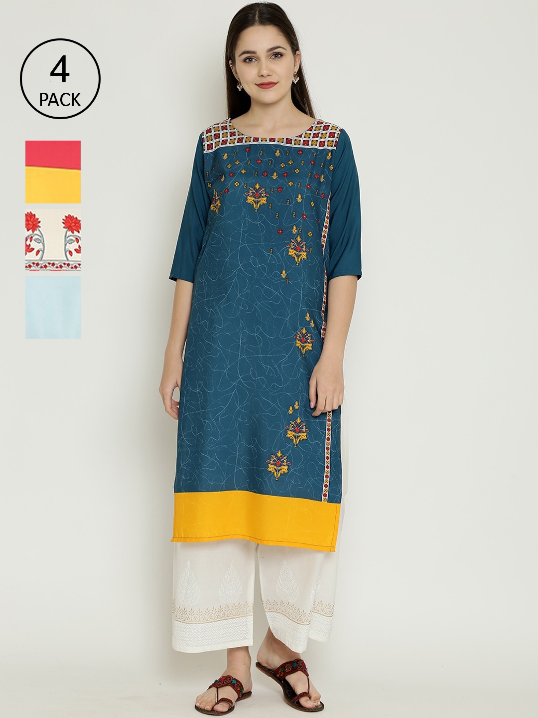 

7Threads Women Multicoloured Set of 4 Printed Crepe Straight Kurta, Multi