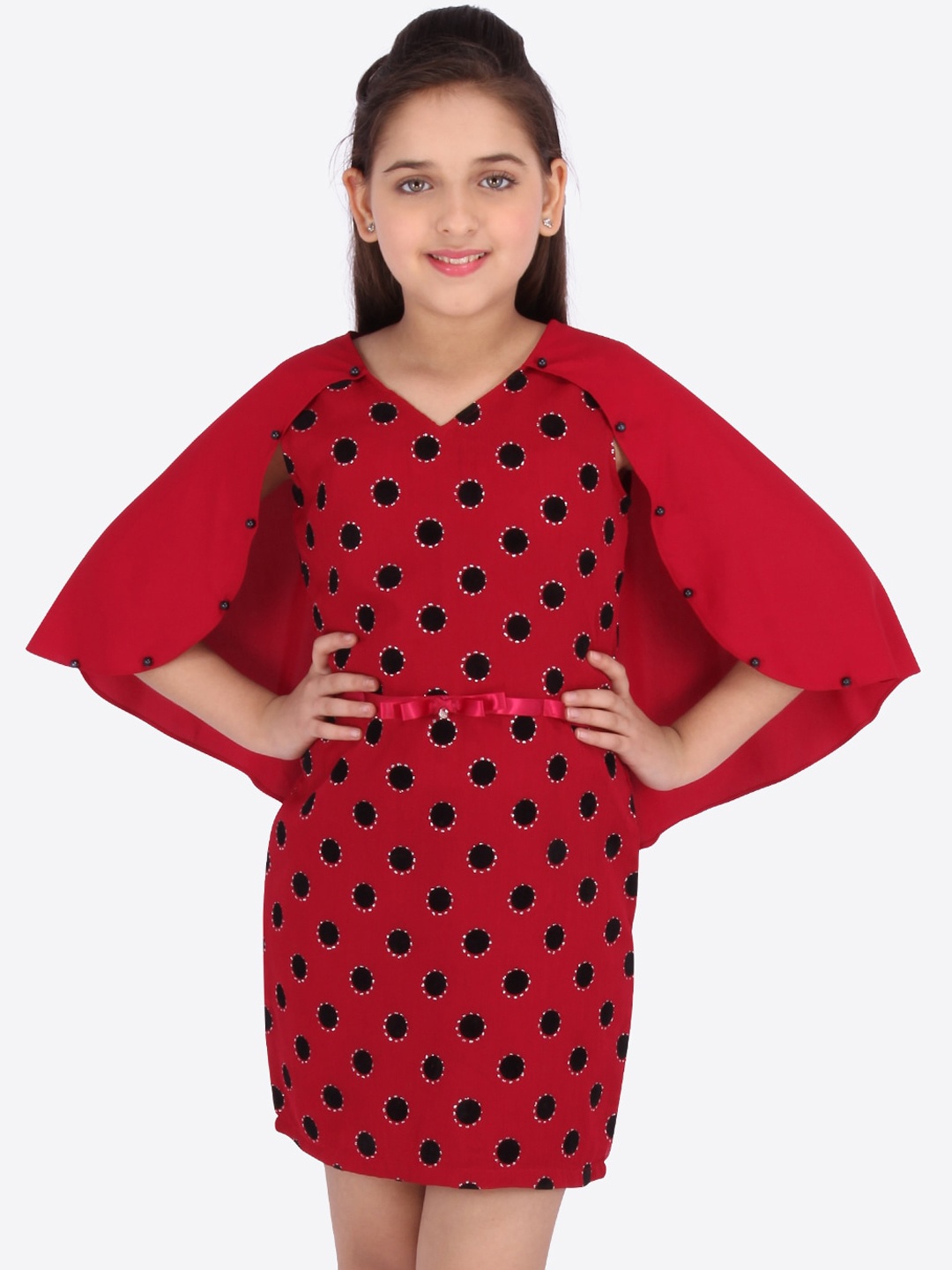 

CUTECUMBER Girls Red & Black Polka Dots Printed Fit and Flare Dress