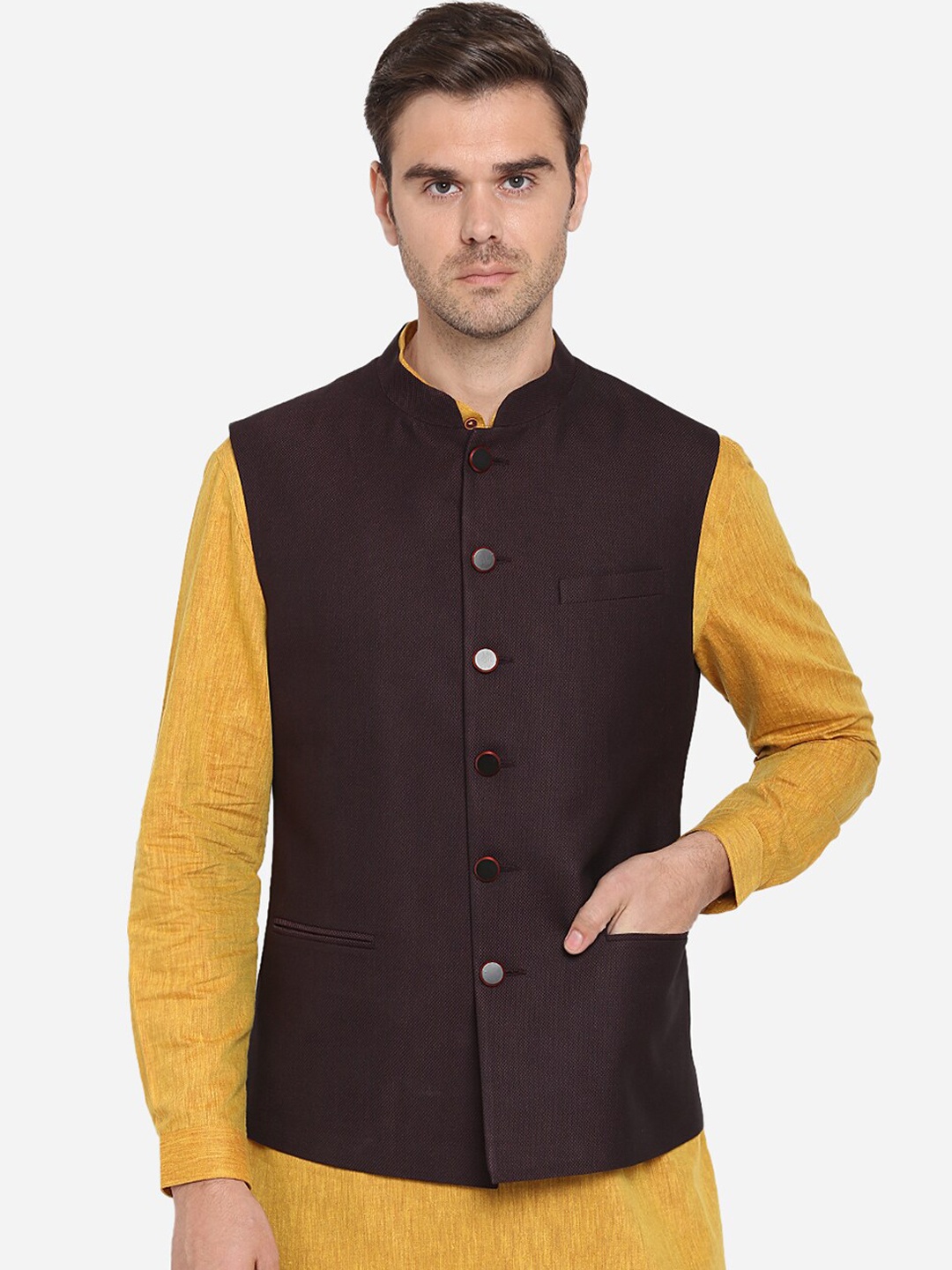 

Greenfibre Men Maroon Self Textured Terry Rayon Nehru Jacket