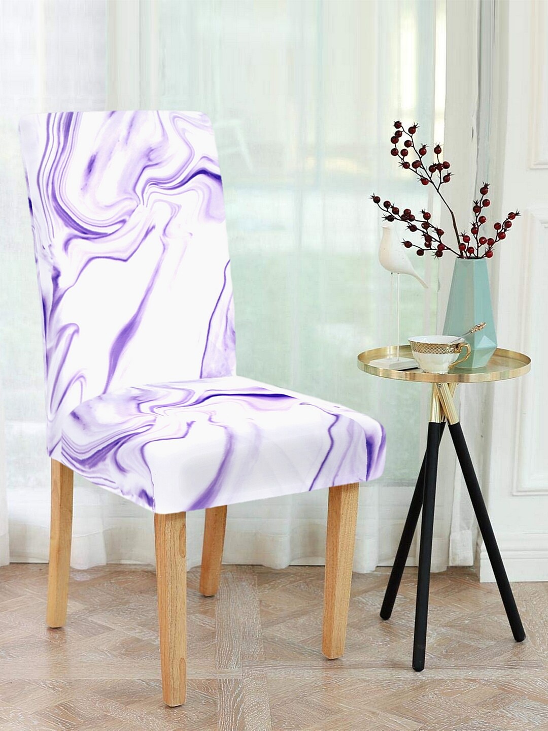 Cortina Set Of 8 White & Purple Printed Chair Covers