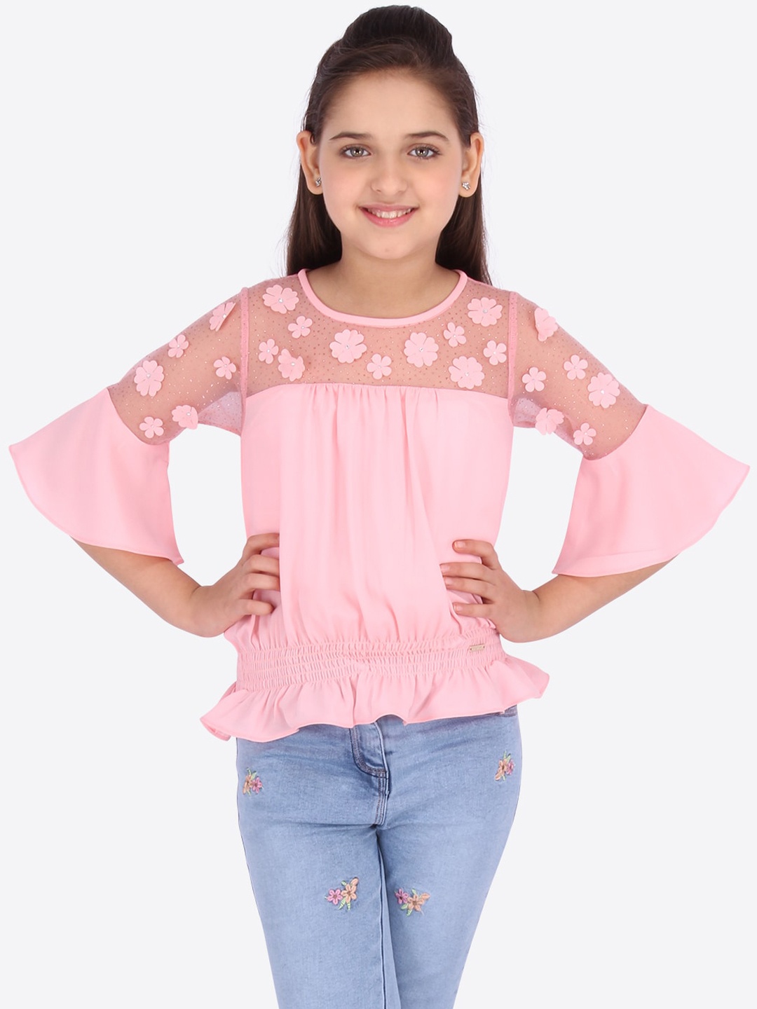 

CUTECUMBER Girls Pink Bell Sleeves Applique Georgette Cinched Waist Top